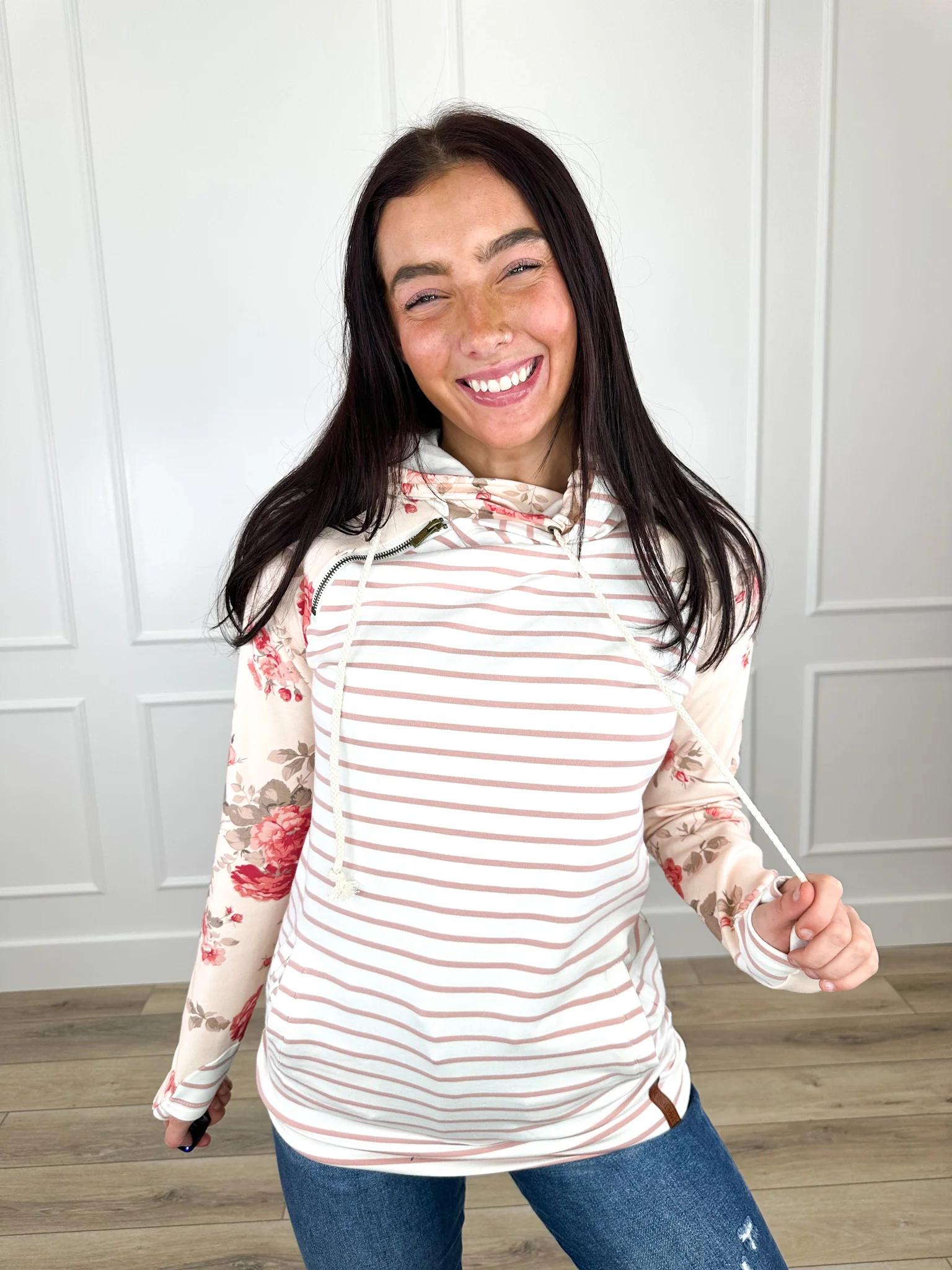 Ampersand Avenue Wrapped in Bloom Cotton Blend Long Sleeve Ivory Hooded Sweatshirt