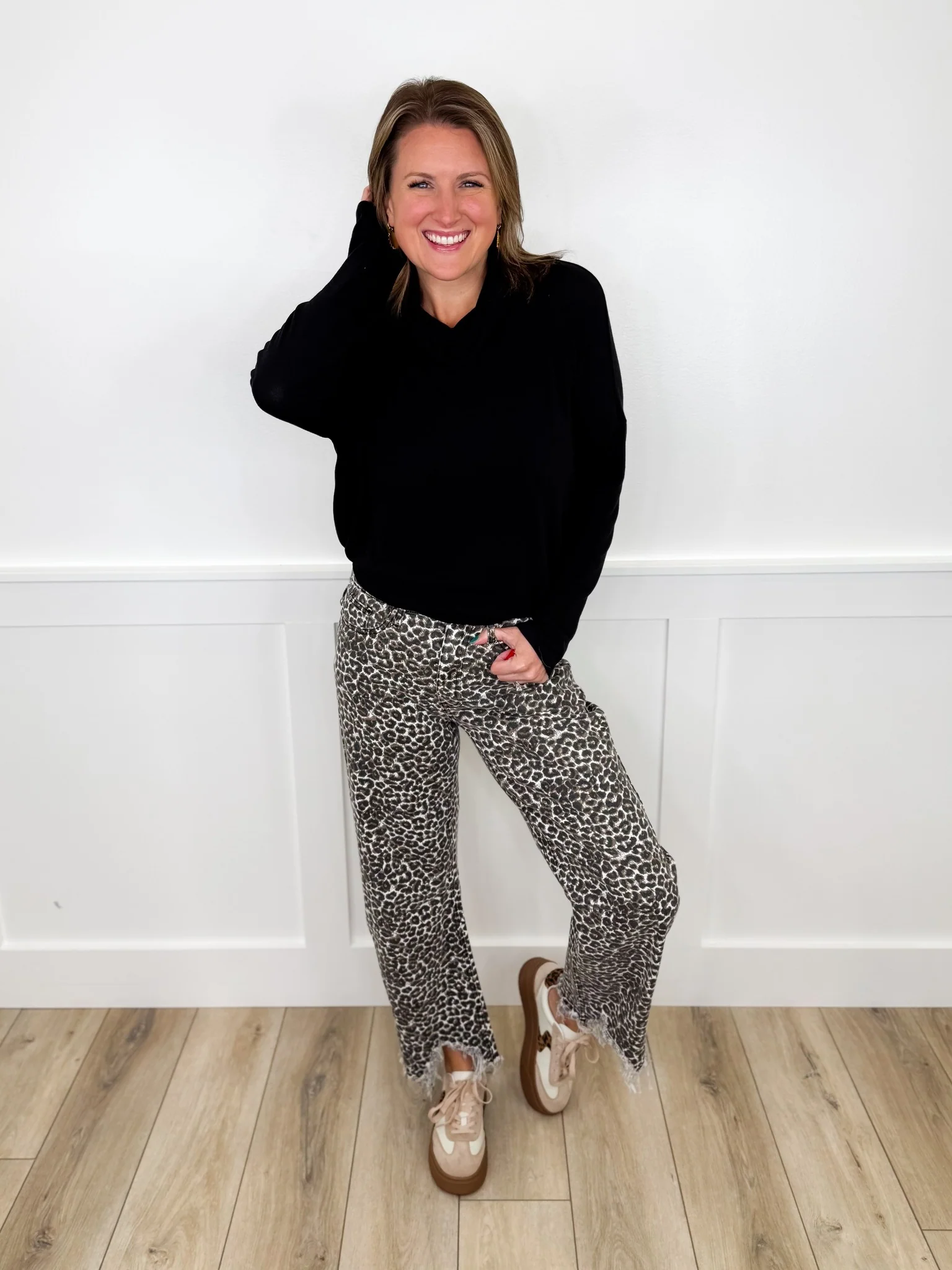 Saige Audrey Rigid High-Rise Frayed Hem Barrel Leg Leopard Print Avery Mae Jeans - Image 3