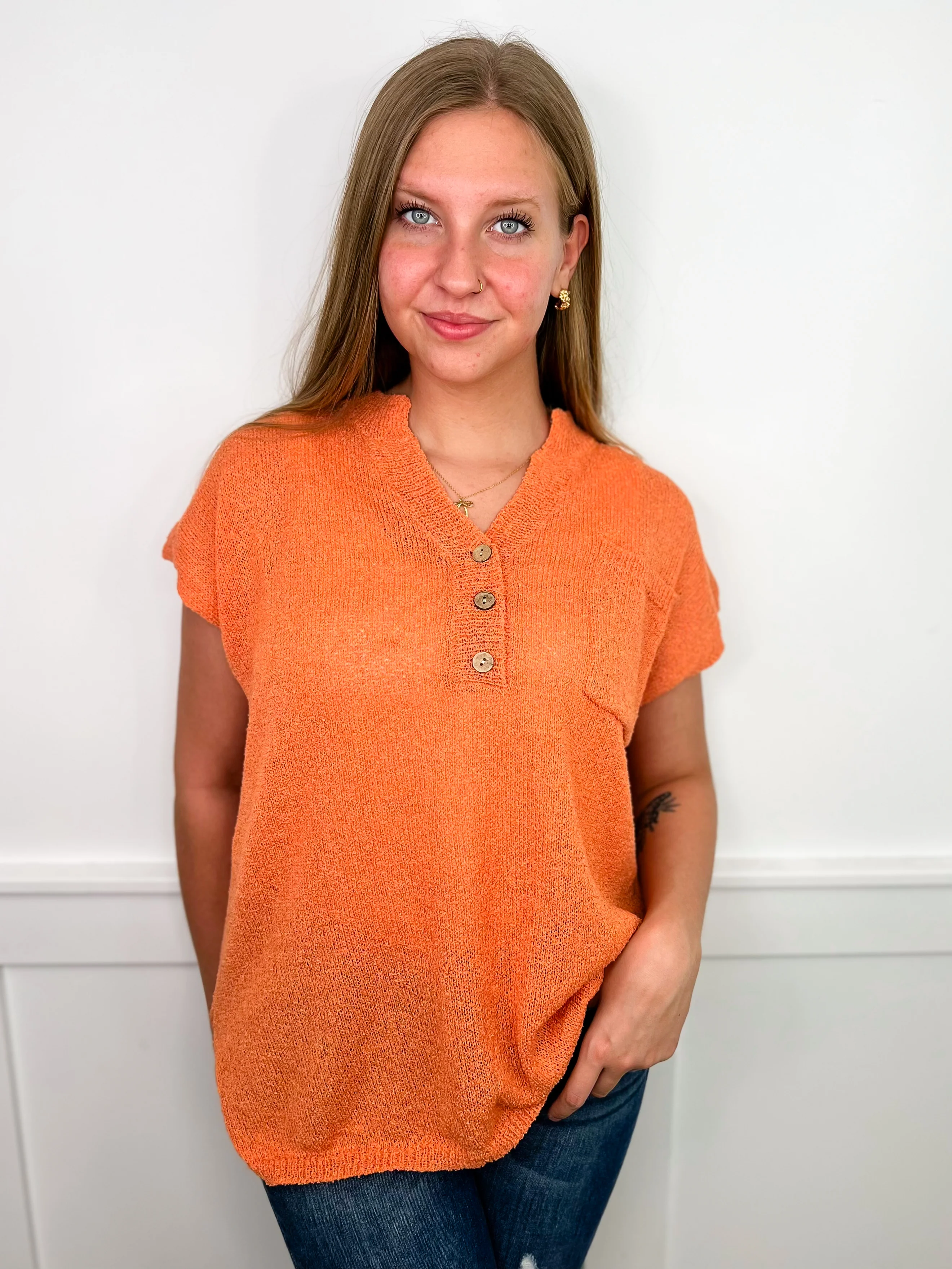 Doe & Rae Fancy Class Knit Short Sleeve Orange Top
