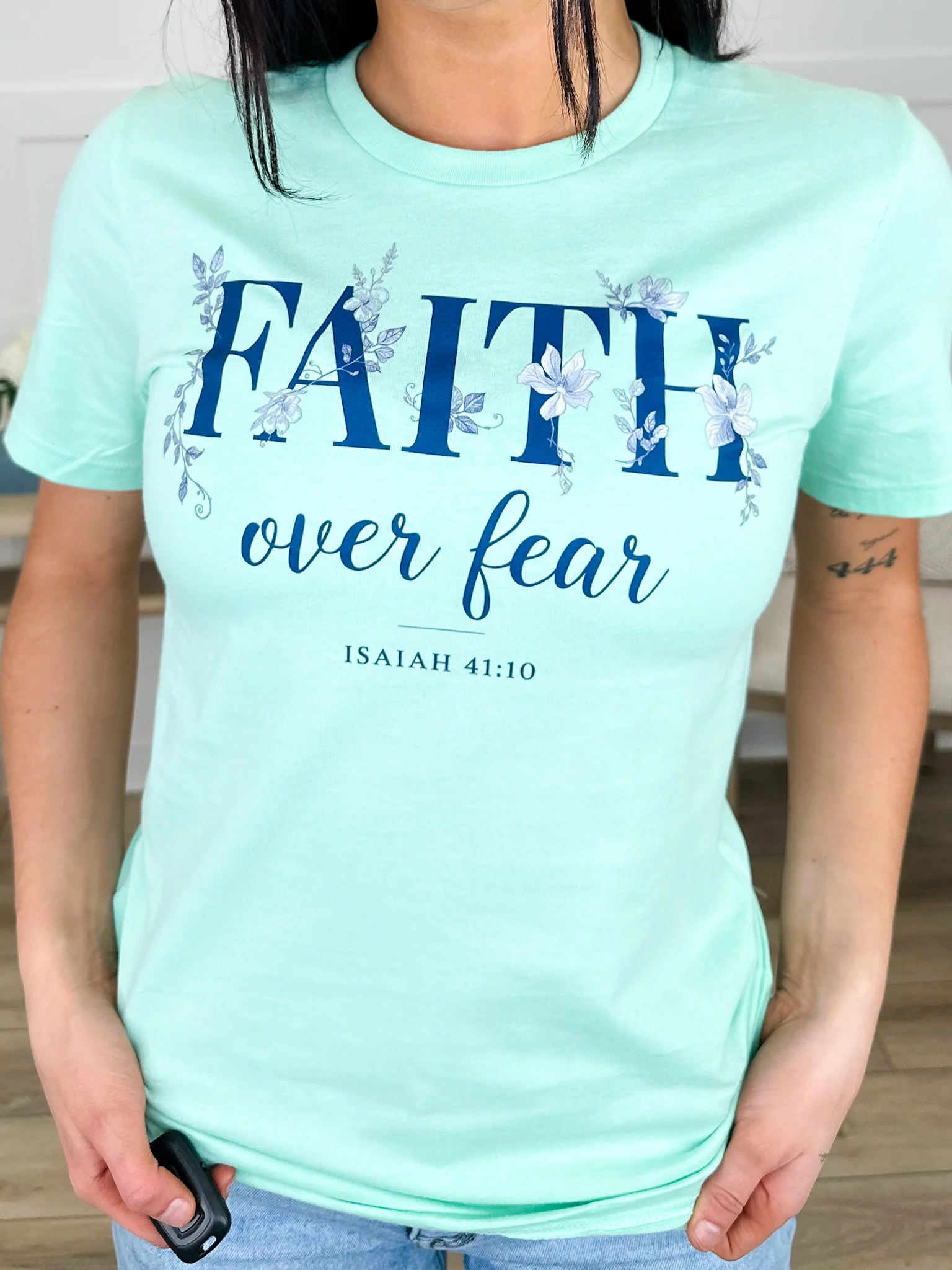 Faith Over Fear Cotton Short Sleeve Green Avery Mae Graphic Tee Shirt (Bella+Canvas)