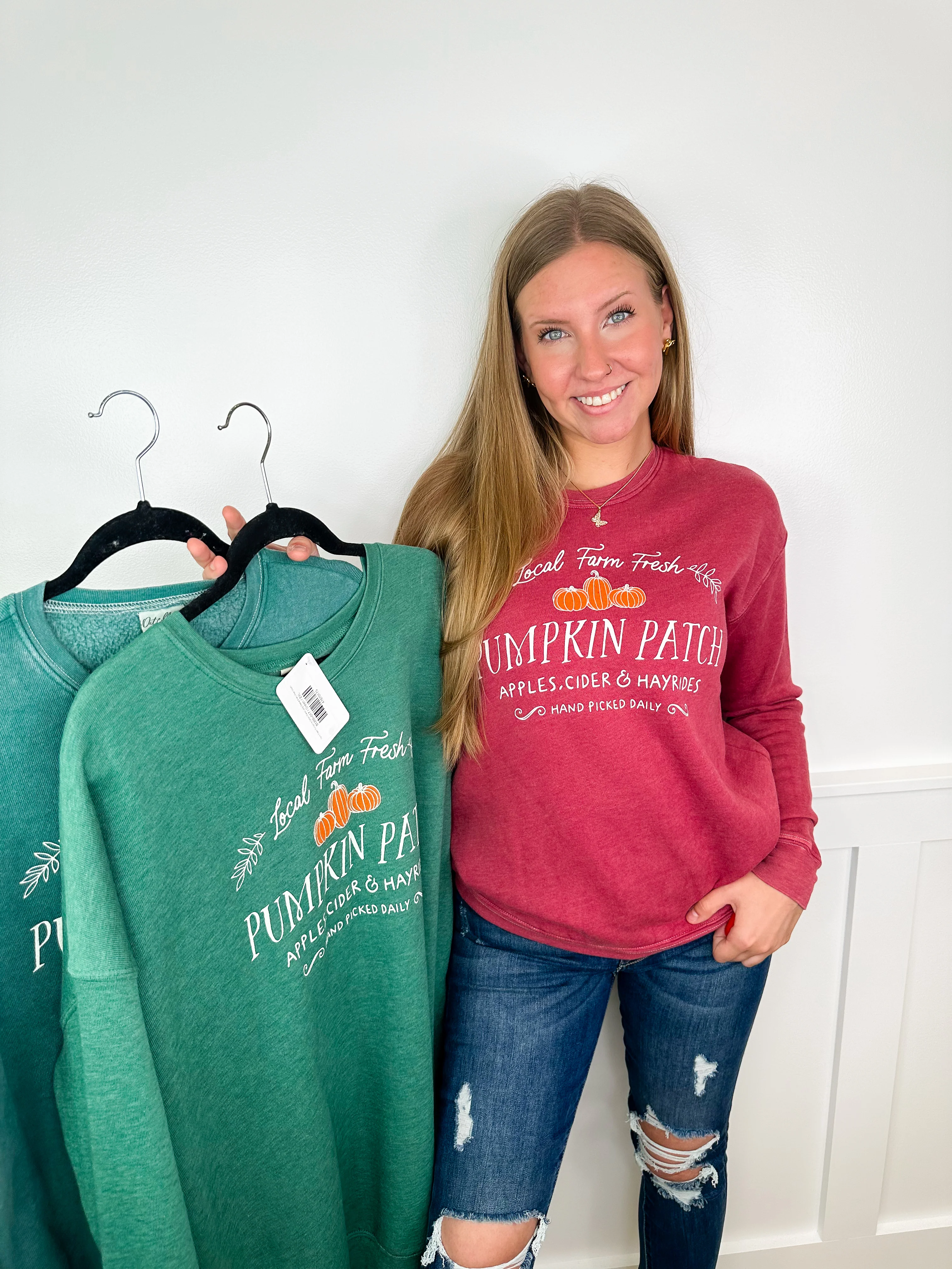 Farm Fresh Pumpkins Cotton Blend Long Sleeve Avery Mae Graphic Crewneck Sweatshirt - 3 colors!