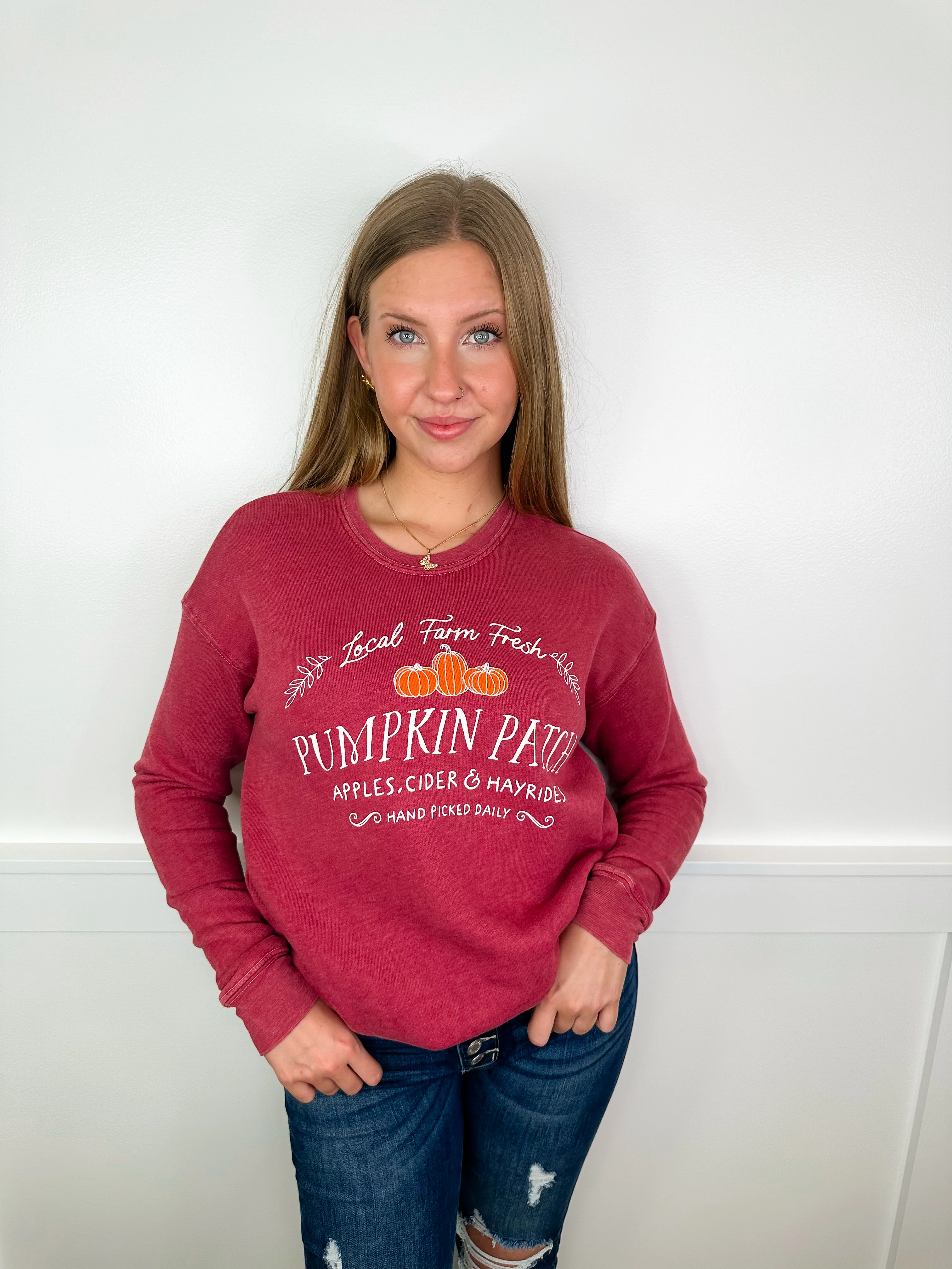 Farm Fresh Pumpkins Cotton Blend Long Sleeve Avery Mae Graphic Crewneck Sweatshirt - 3 colors! - Image 2