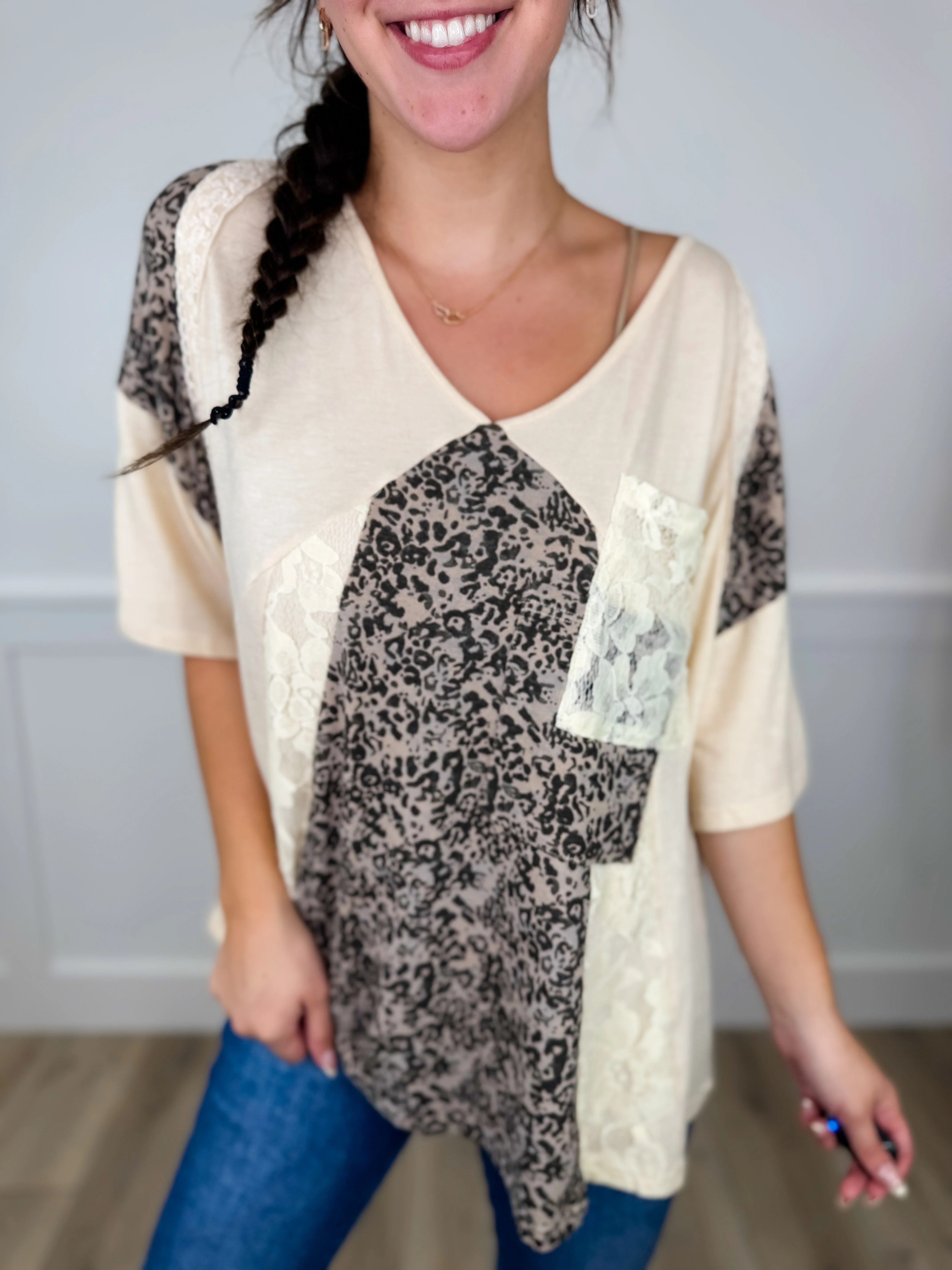 Final Beginnings Short Sleeve Beige Avery Mae Top