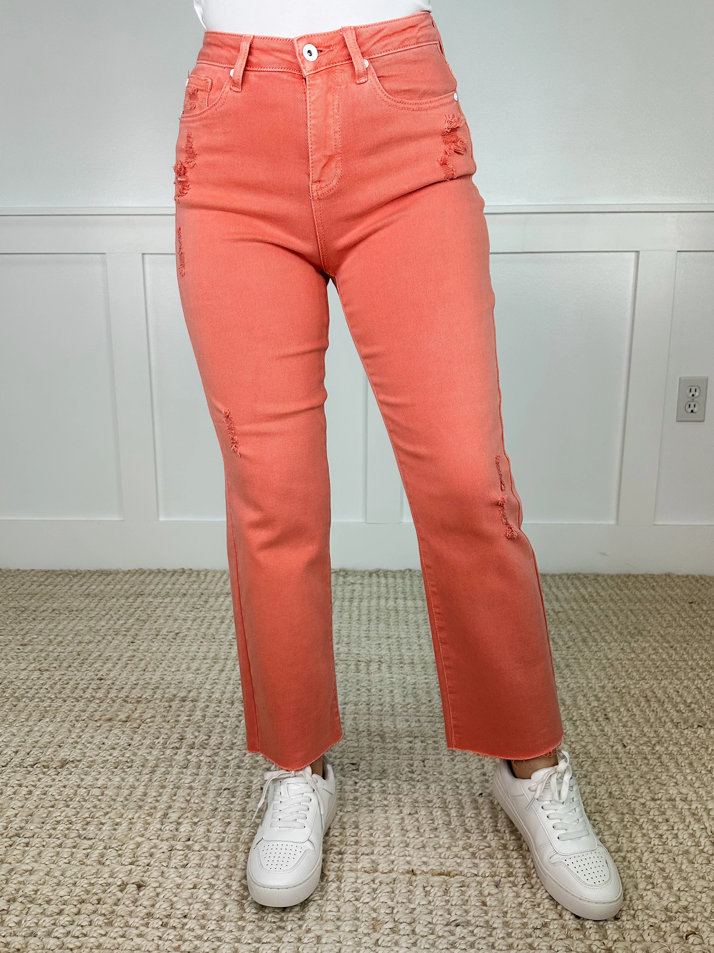 Saige Girl You Look Cute Distressed High-Rise Raw Hem Salmon Avery Mae Dad Jeans - Image 3