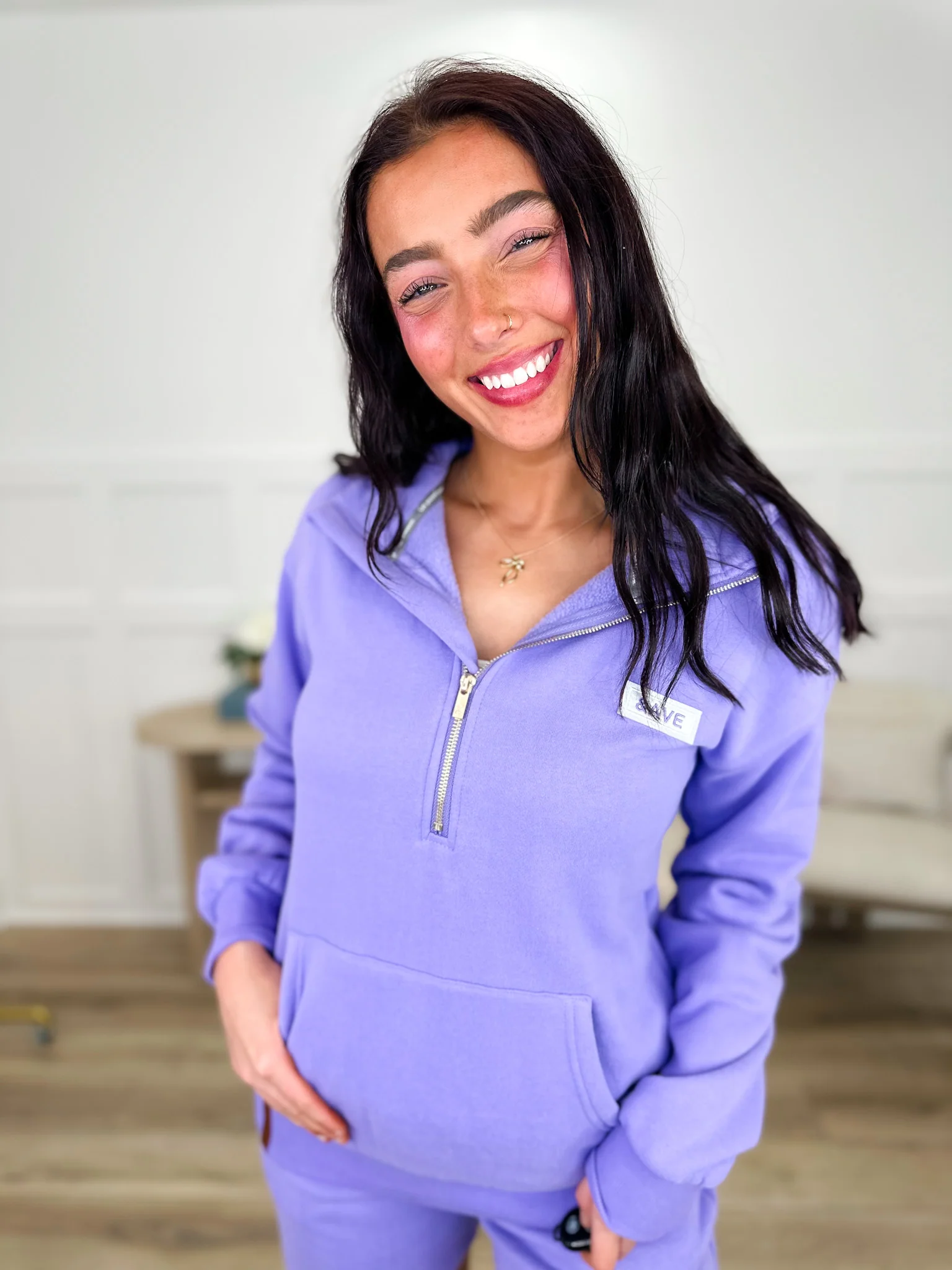 Happy at Home Cotton Blend Long Sleeve Purple Avery Mae Half Zip Hoodie Sweatshirt