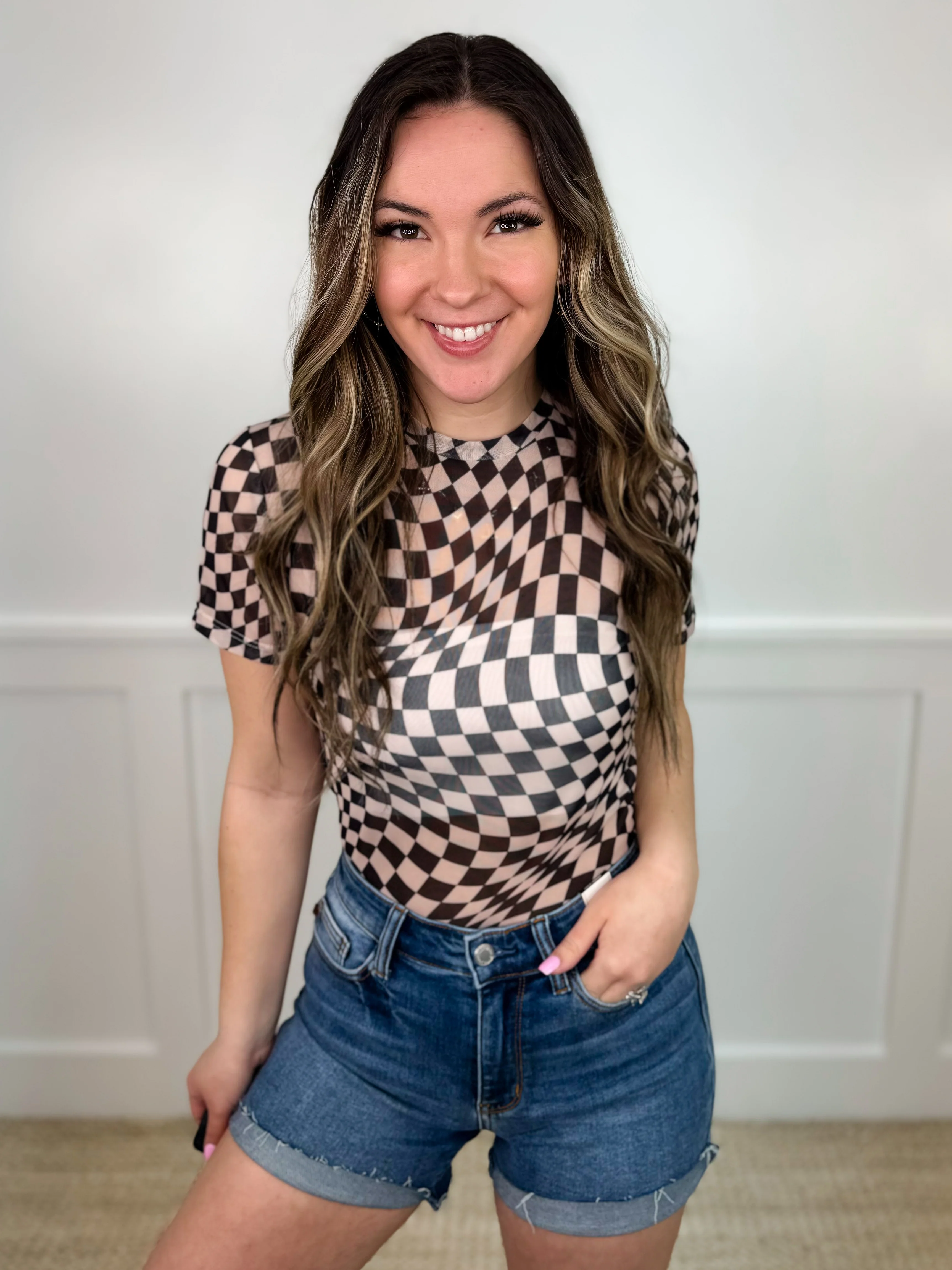 Hold Onto That Feeling Sheer Mesh Short Sleeve Checkered Avery Mae Top - 4 colors! - Image 5