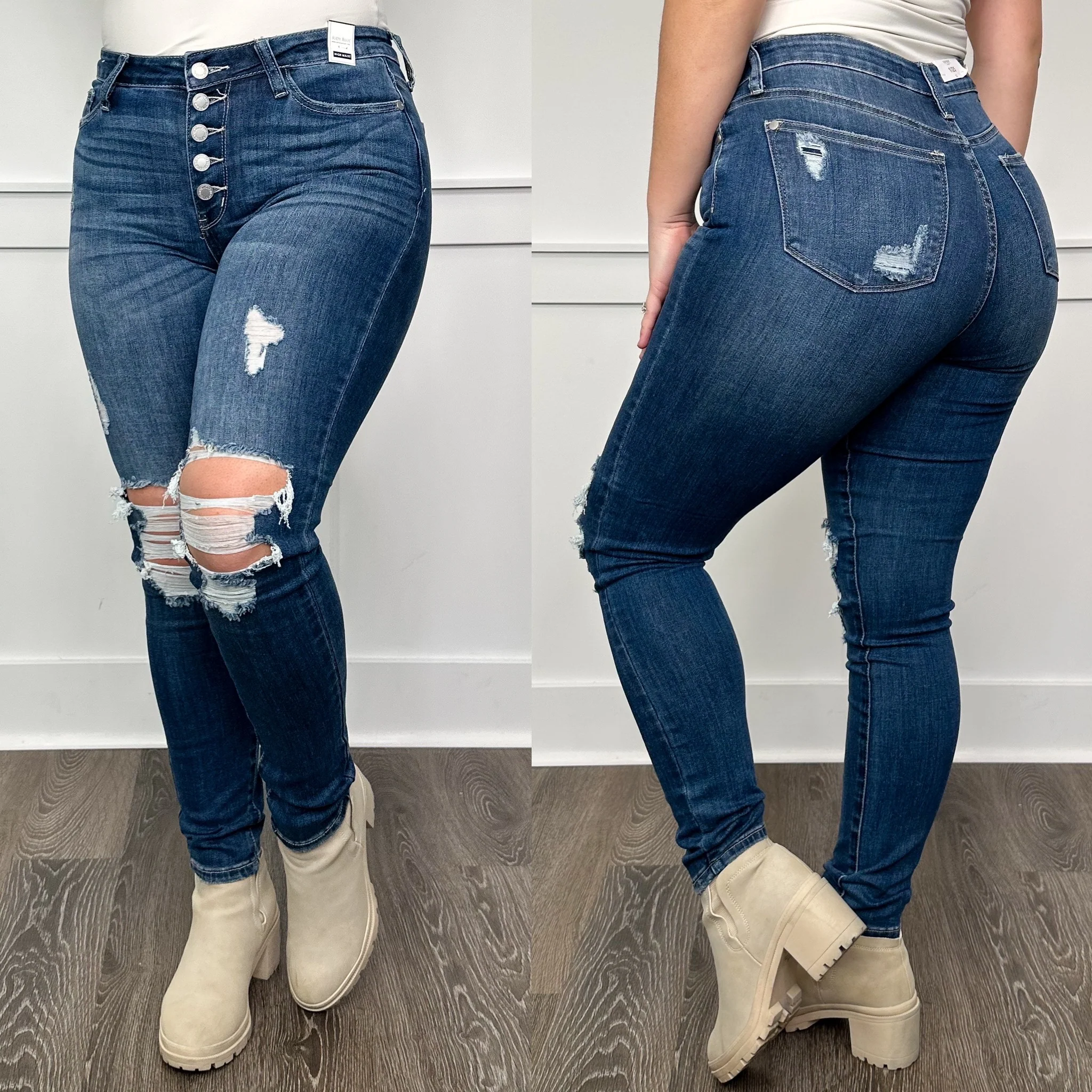 Judy Blue Emerson Distressed High-Rise Button Fly Skinny Dark Wash Jeans - Image 28