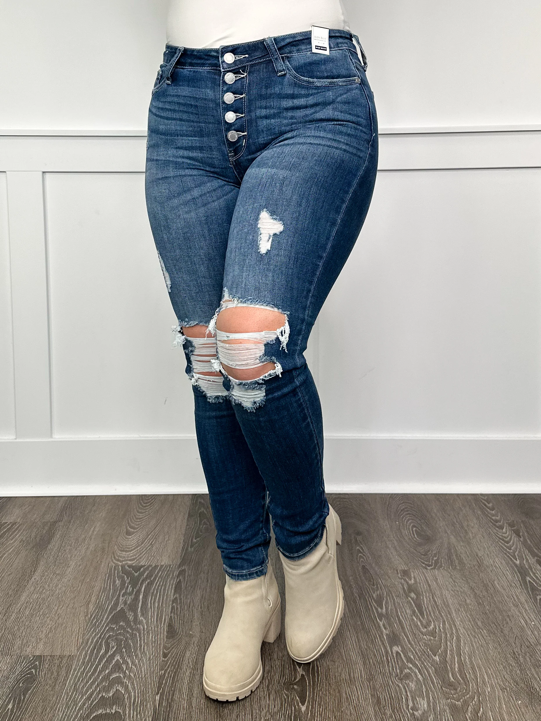 Judy Blue Emerson Distressed High-Rise Button Fly Skinny Dark Wash Jeans - Image 4