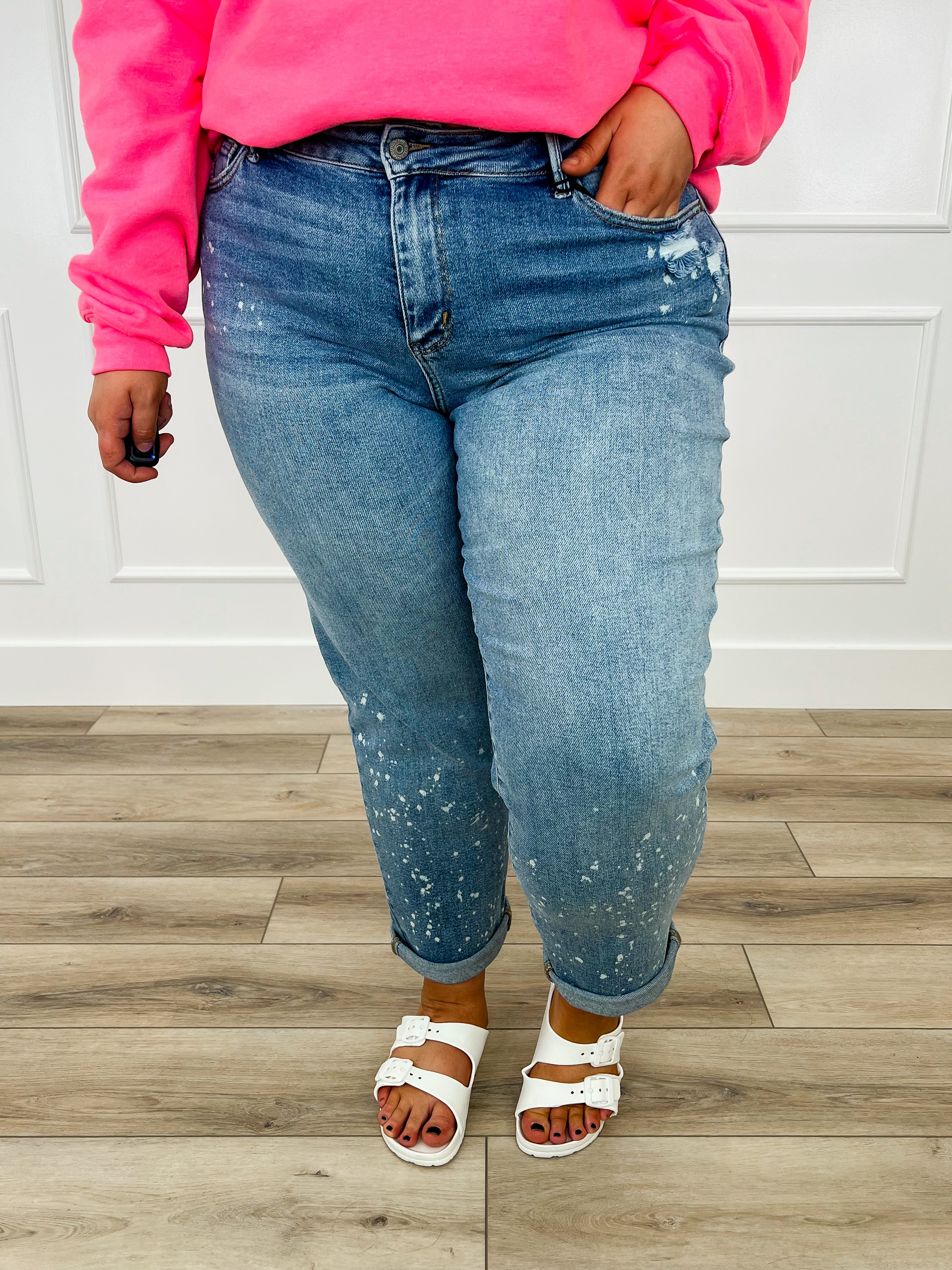 Judy Blue Jovie Mid-Rise Boyfriend Jeans - Medium Wash (Bleached, Distressed) - Image 10