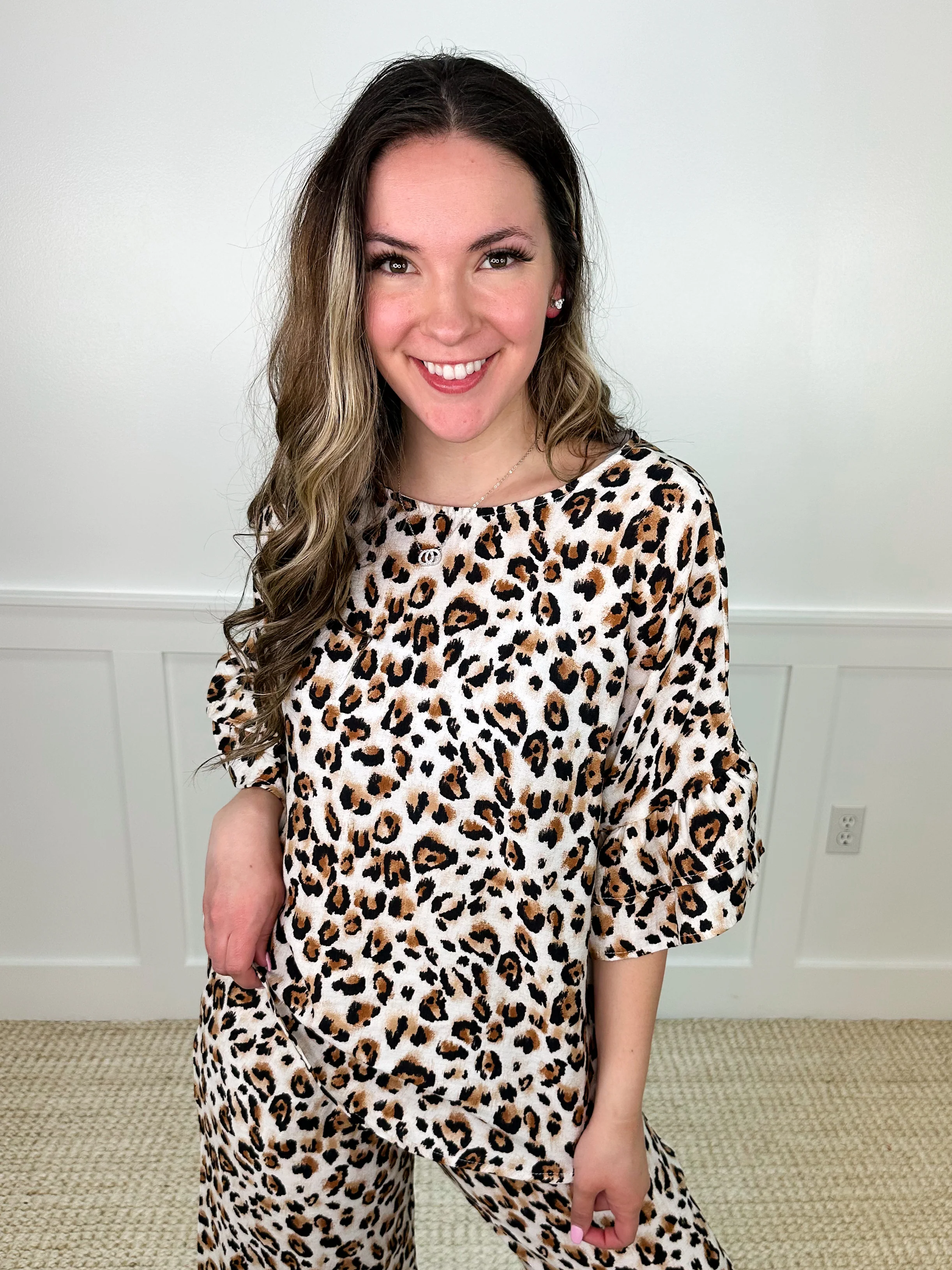 Just Keep Going 3/4 Ruffle Sleeve Leopard Avery Mae Top