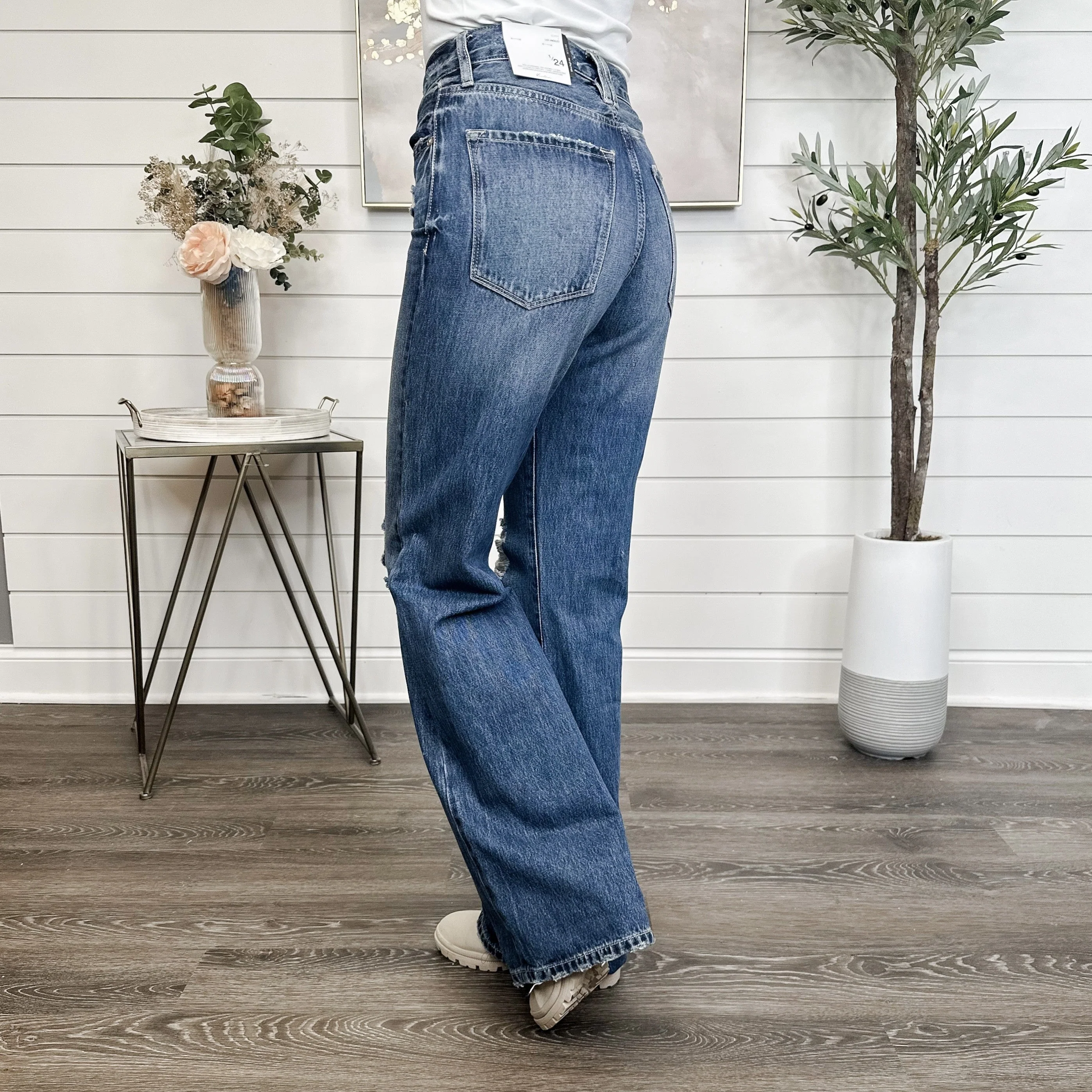 KanCan Elana Distressed High-Rise Wide Leg 90s Flare Blue Jeans - Image 4