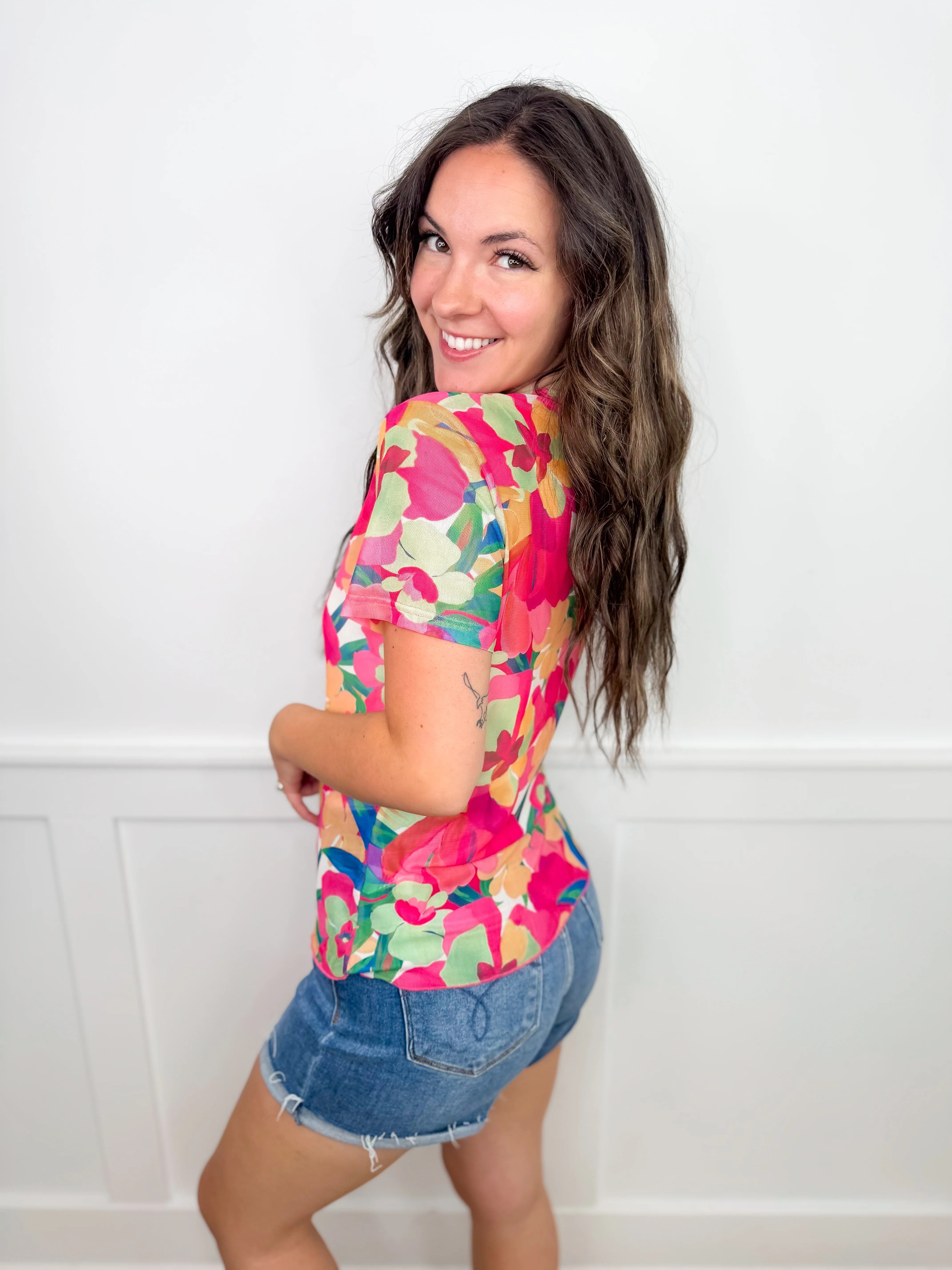 Like You Do Sheer Mesh Short Sleeve Pink Avery Mae Top - Image 2
