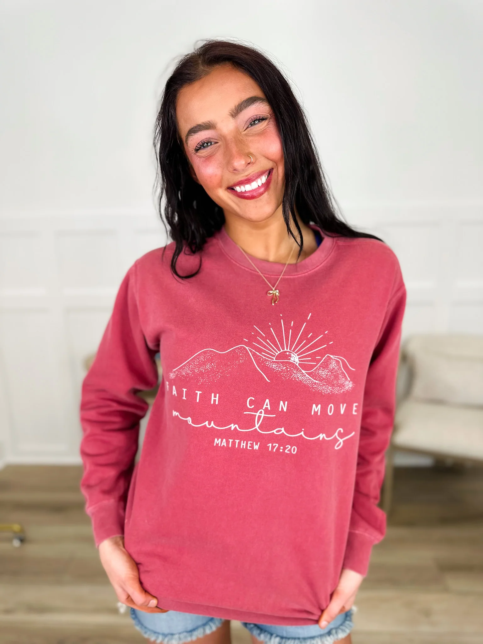 Move Mountains Cotton Blend Long Sleeve Brick Avery Mae Graphic Crewneck Sweatshirt (Comfort Colors) - Image 2
