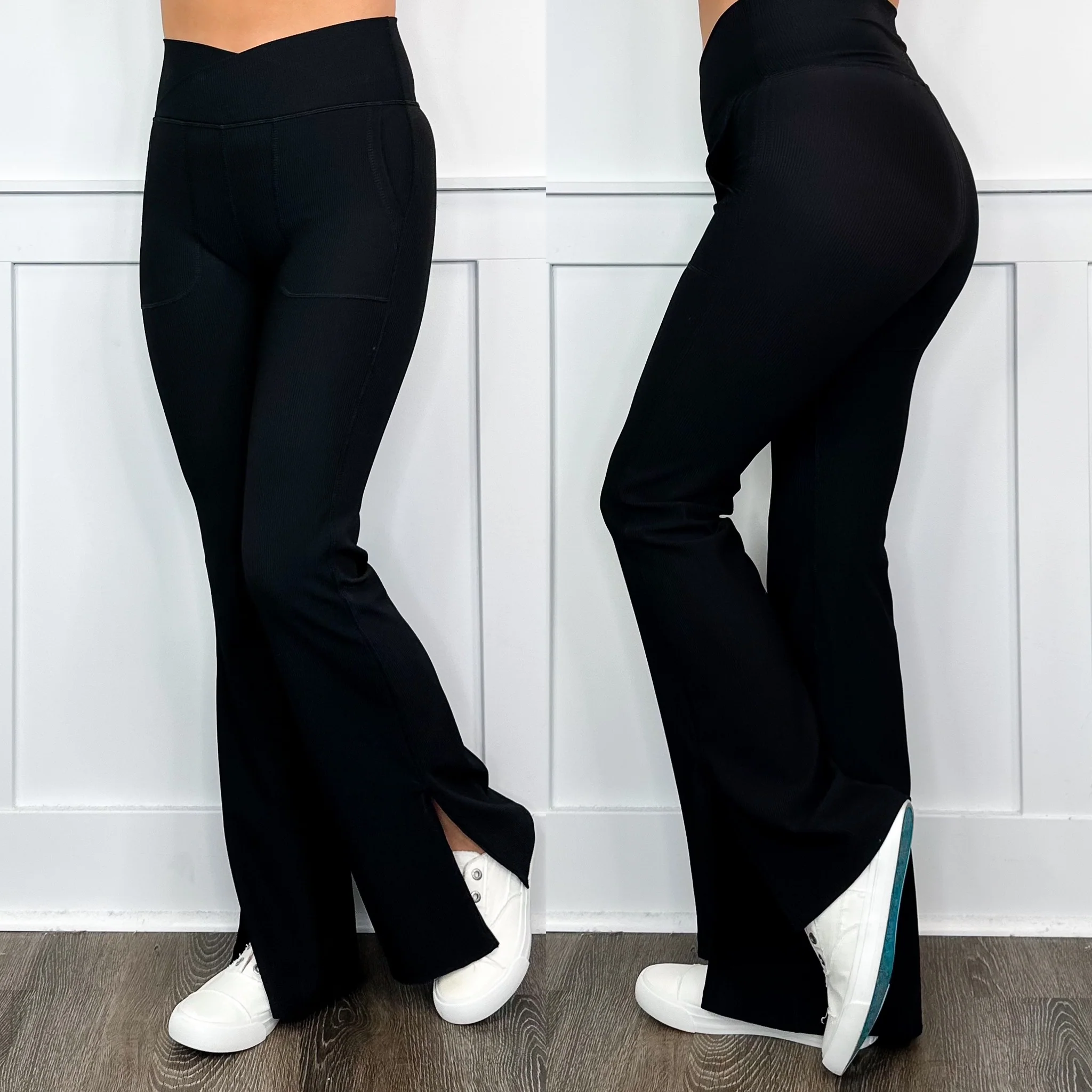 Push Through High-Rise Ribbed Black Flare Yoga Pants - Image 4