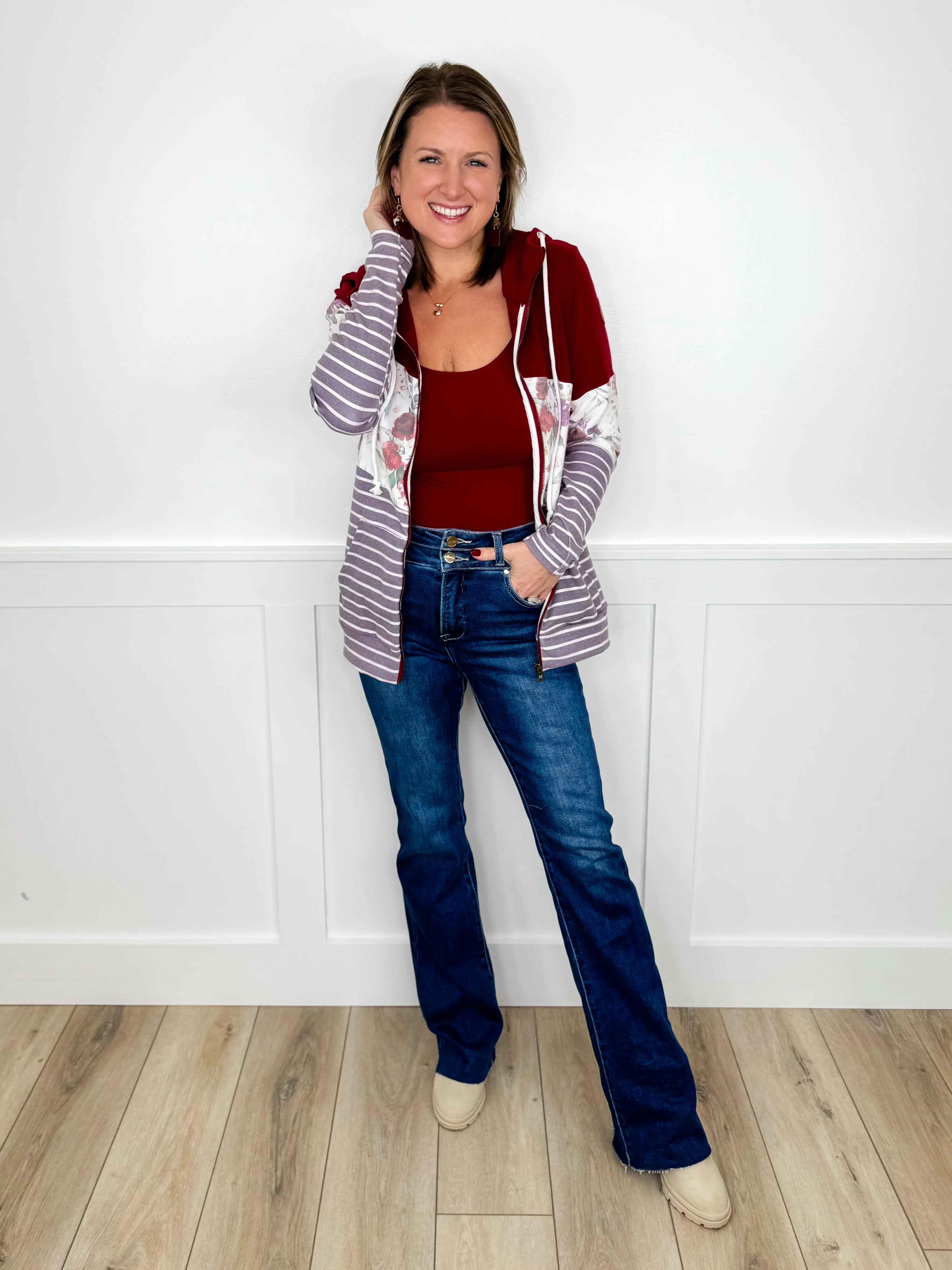 On My Own Time Cotton Blend Long Sleeve Wine Avery Mae Full Zip Sweatshirt - Image 3