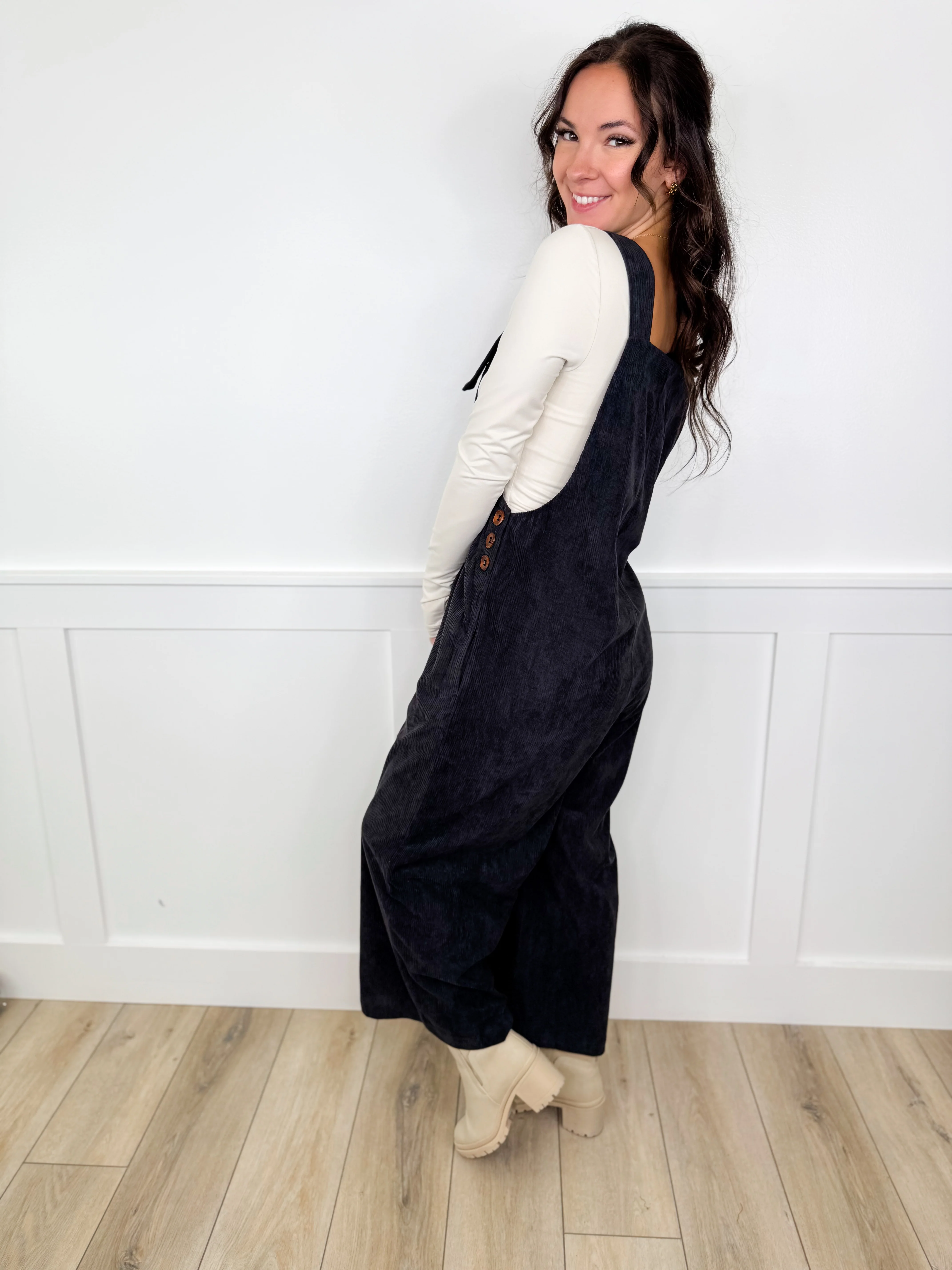 Out of the Ordinary Soft Corduroy Charcoal Avery Mae Overalls - Image 3
