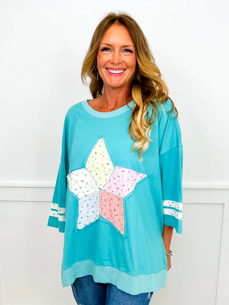 Patch Me Through Cotton Blend 3/4 Sleeve Blue Avery Mae Top