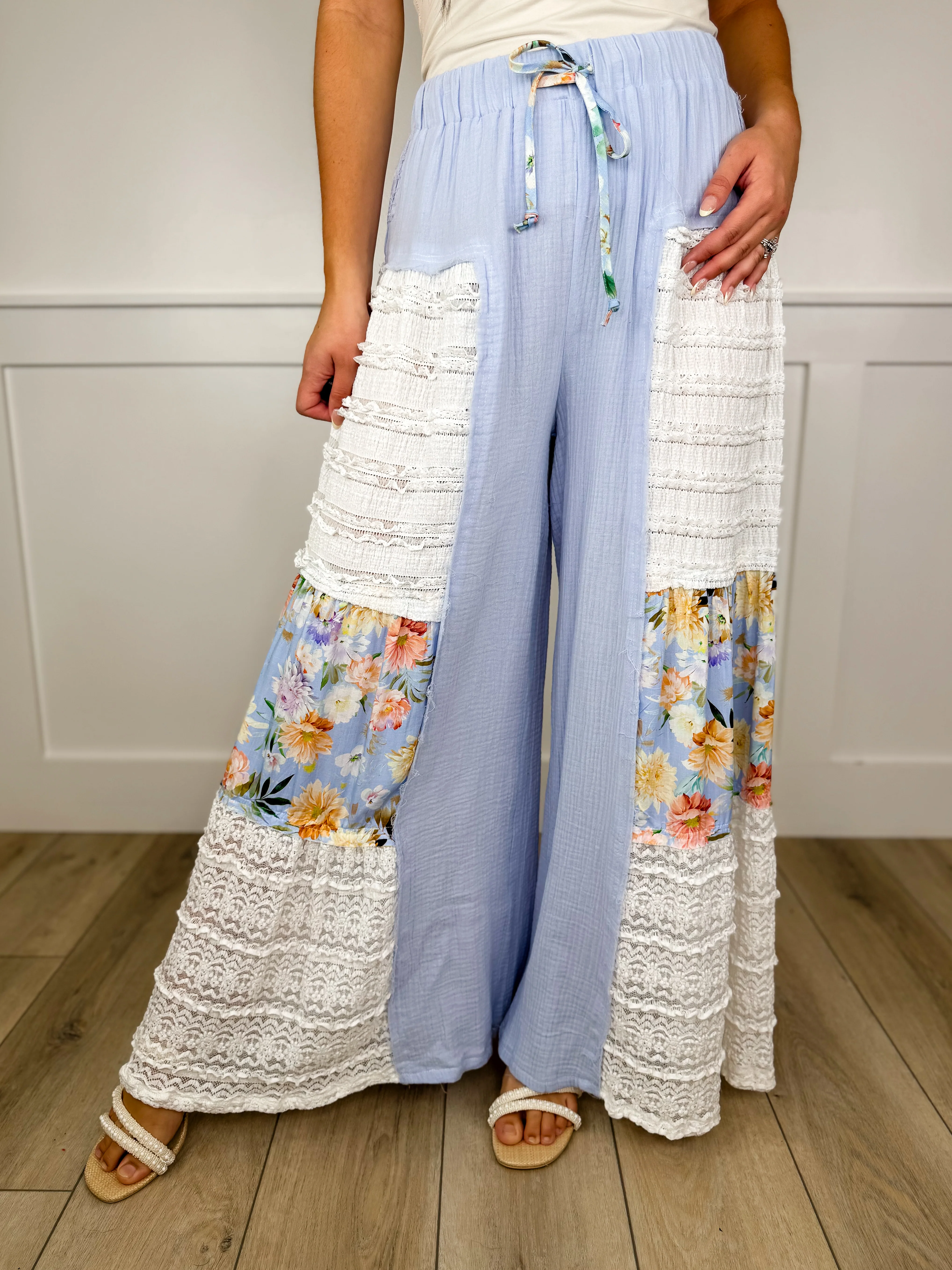 POL Ruffles of Bloom High-Rise Cotton Wide Leg Blue Bottoms