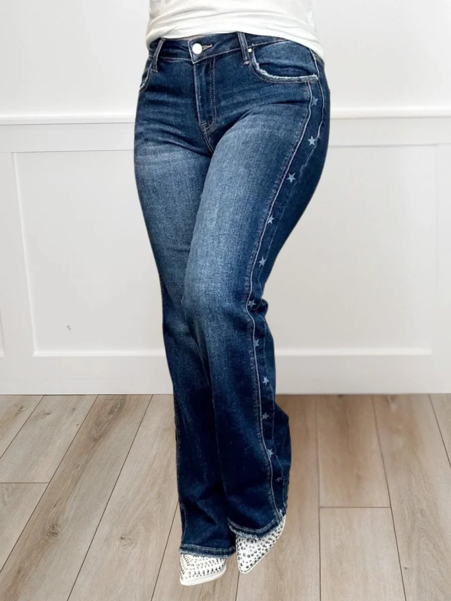 Risen Demi Mid-Rise Straight Leg Dark Wash Star Print Blue Jeans