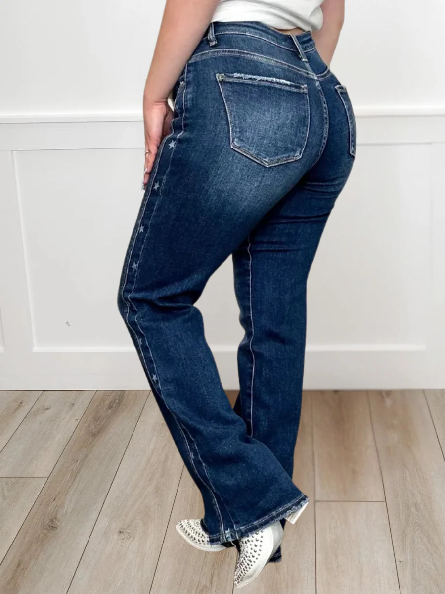 Risen Demi Mid-Rise Straight Leg Dark Wash Star Print Blue Jeans - Image 2