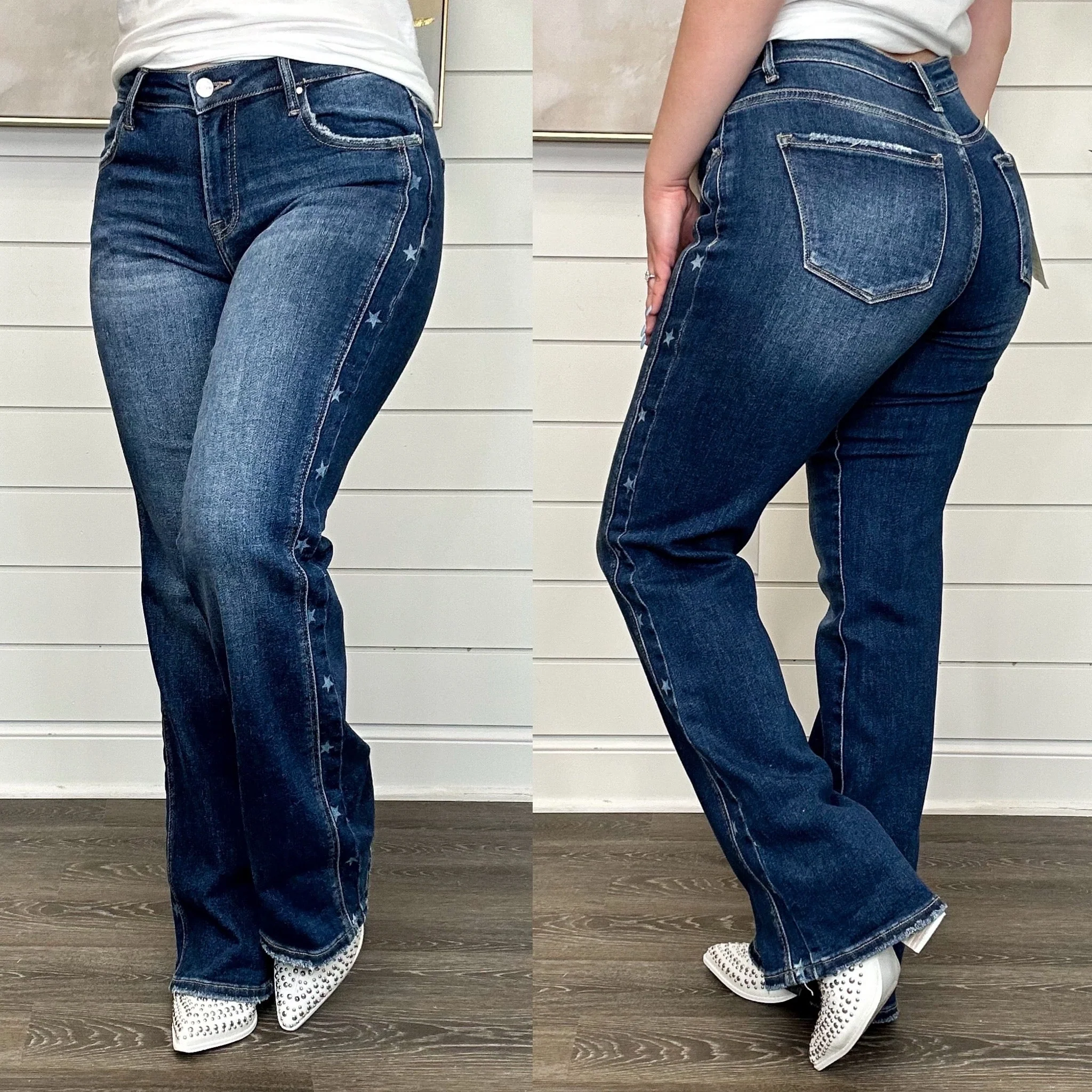 Risen Demi Mid-Rise Straight Leg Dark Wash Star Print Blue Jeans - Image 3