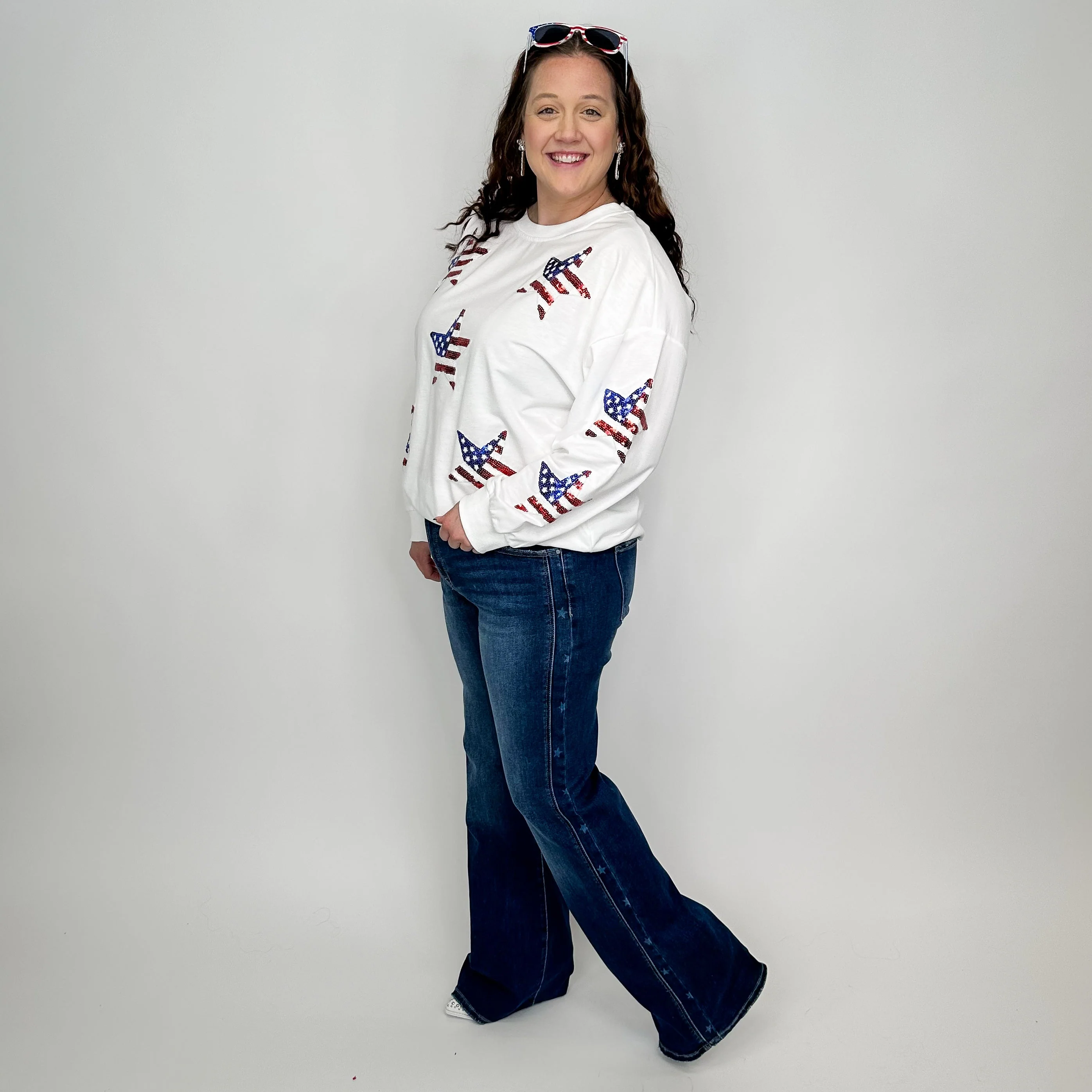 Risen Demi Mid-Rise Straight Leg Dark Wash Star Print Blue Jeans - Image 4