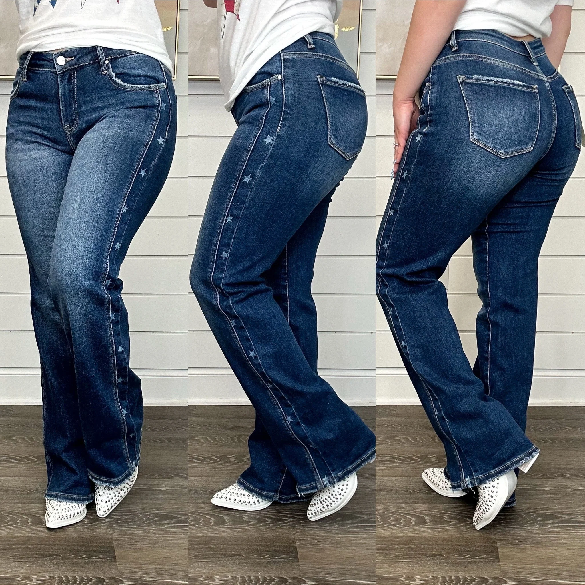 Risen Demi Mid-Rise Straight Leg Dark Wash Star Print Blue Jeans - Image 5