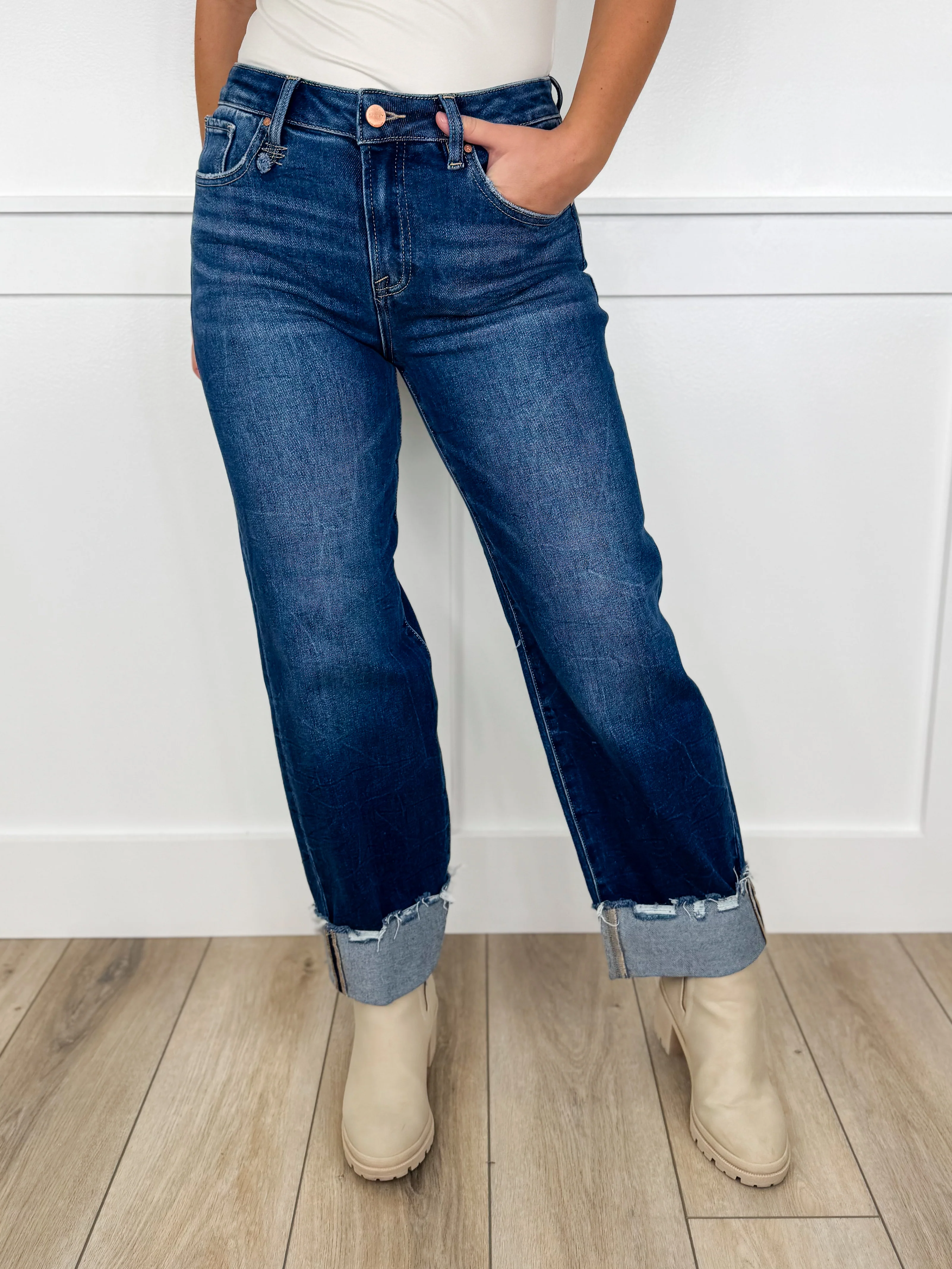 Risen Julie High-Rise Cuffed Boyfriend Dark Wash Blue Jeans