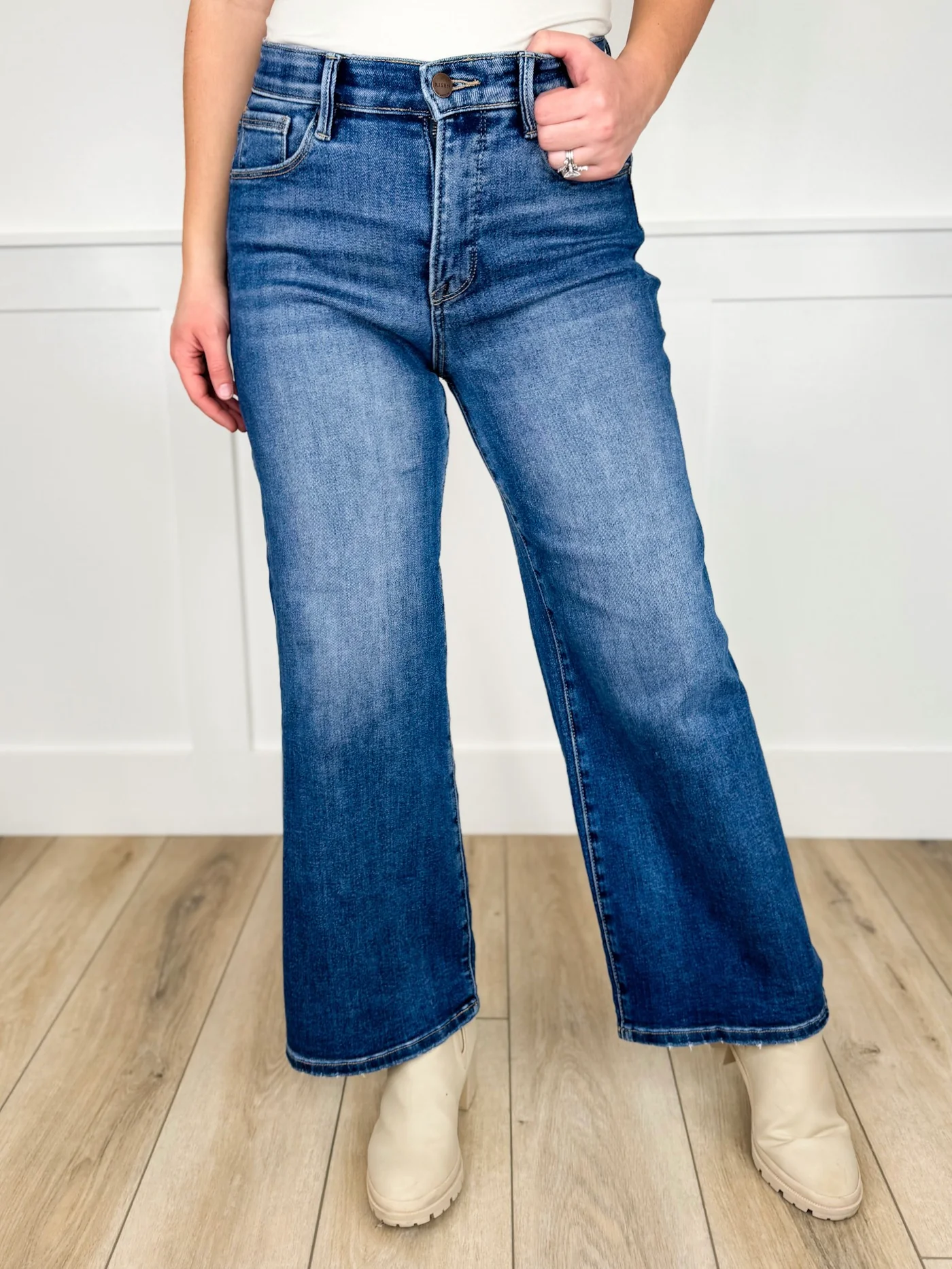 Risen Maeve Tummy Control High-Rise Fray Hem Wide Leg Dark Wash Cropped Blue Jeans