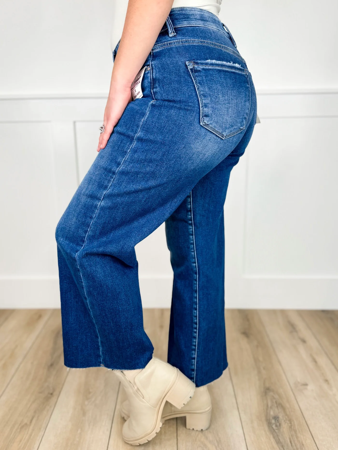 Risen Scout Tummy Control Mid-Rise Wide Leg Cropped Jeans - Dark Wash (Raw Hem, Non-Distressed) - Image 2
