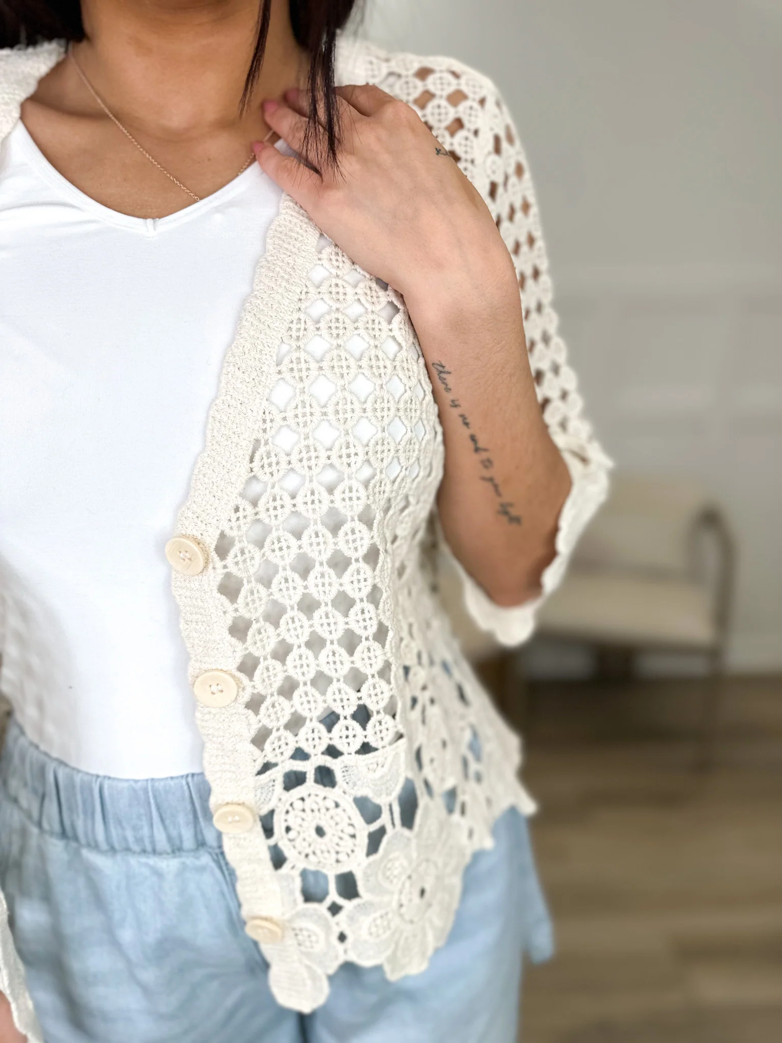 Sew In Love Matter of Time Cotton 3/4 Sleeve Cream Button Up Cardigan - Image 3