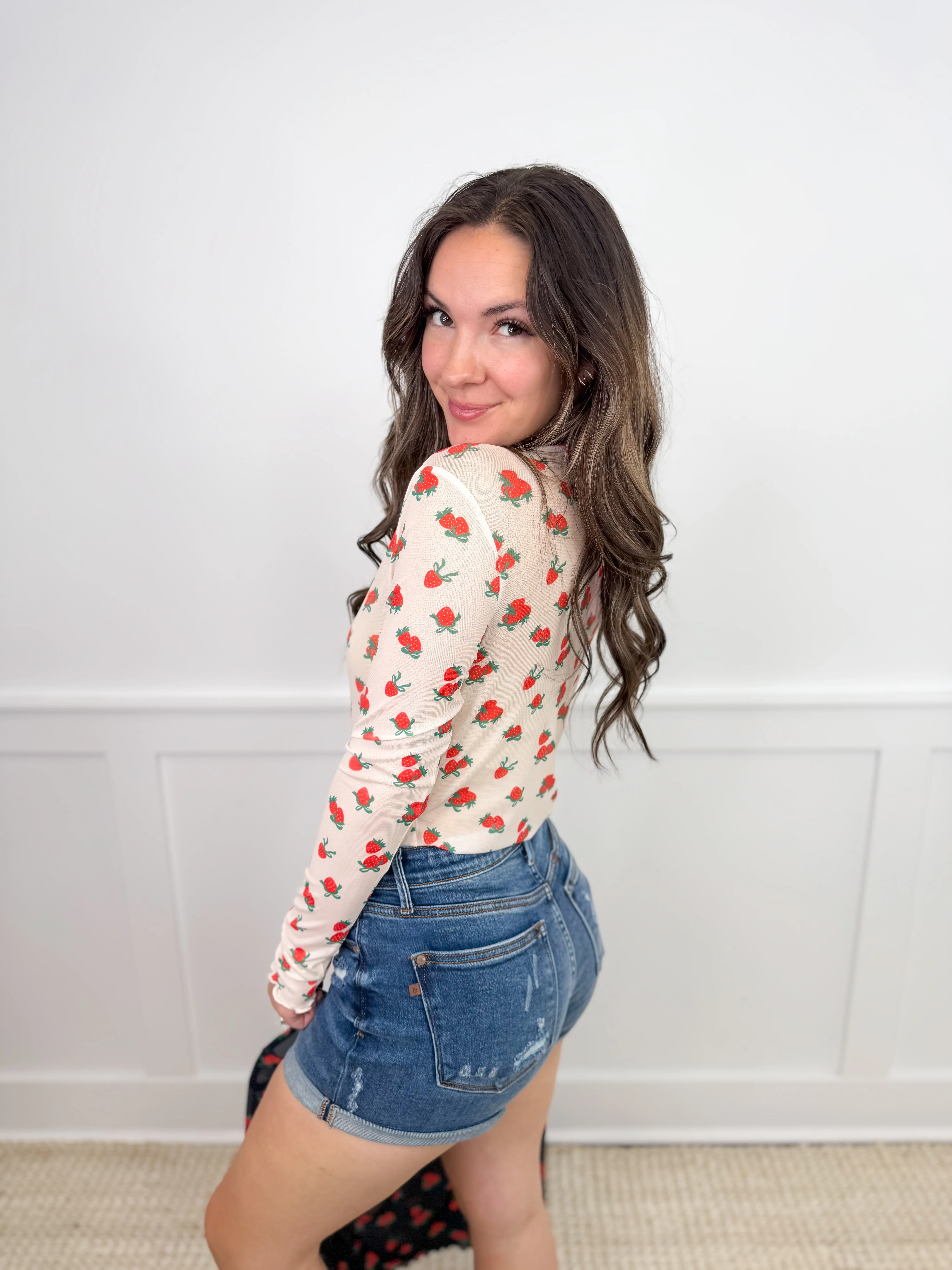 Strawberries & Bows Sheer Mesh Long Sleeve Avery Mae Top - Image 3