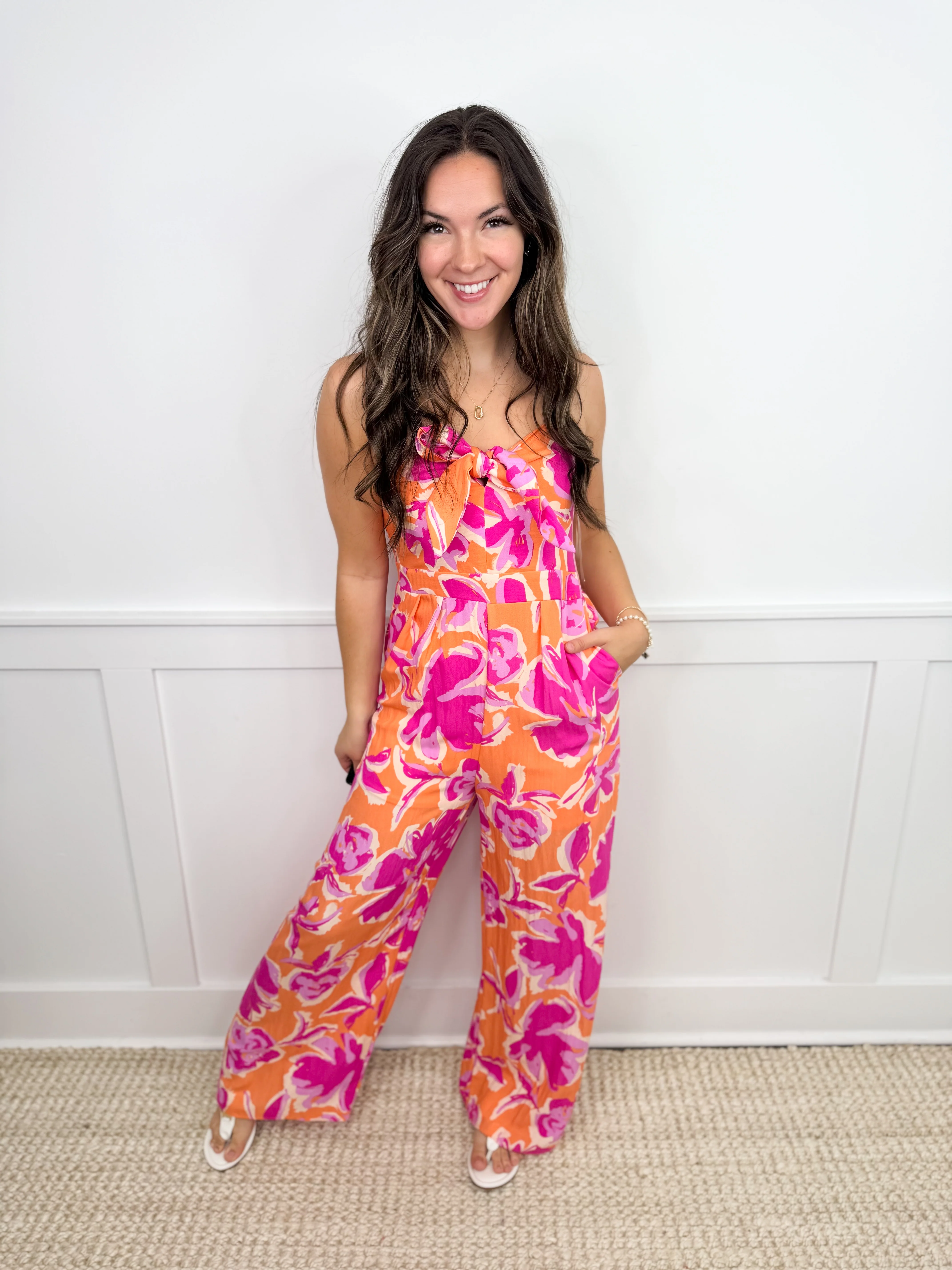 Sunset Bloom Rayon Blend Orange Avery Mae Jumpsuit