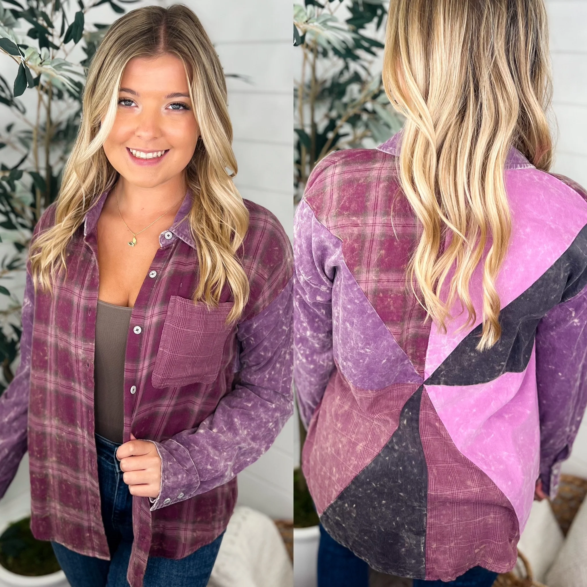 Your Year Cotton Bleached Long Sleeve Purple Avery Mae Button Up Top