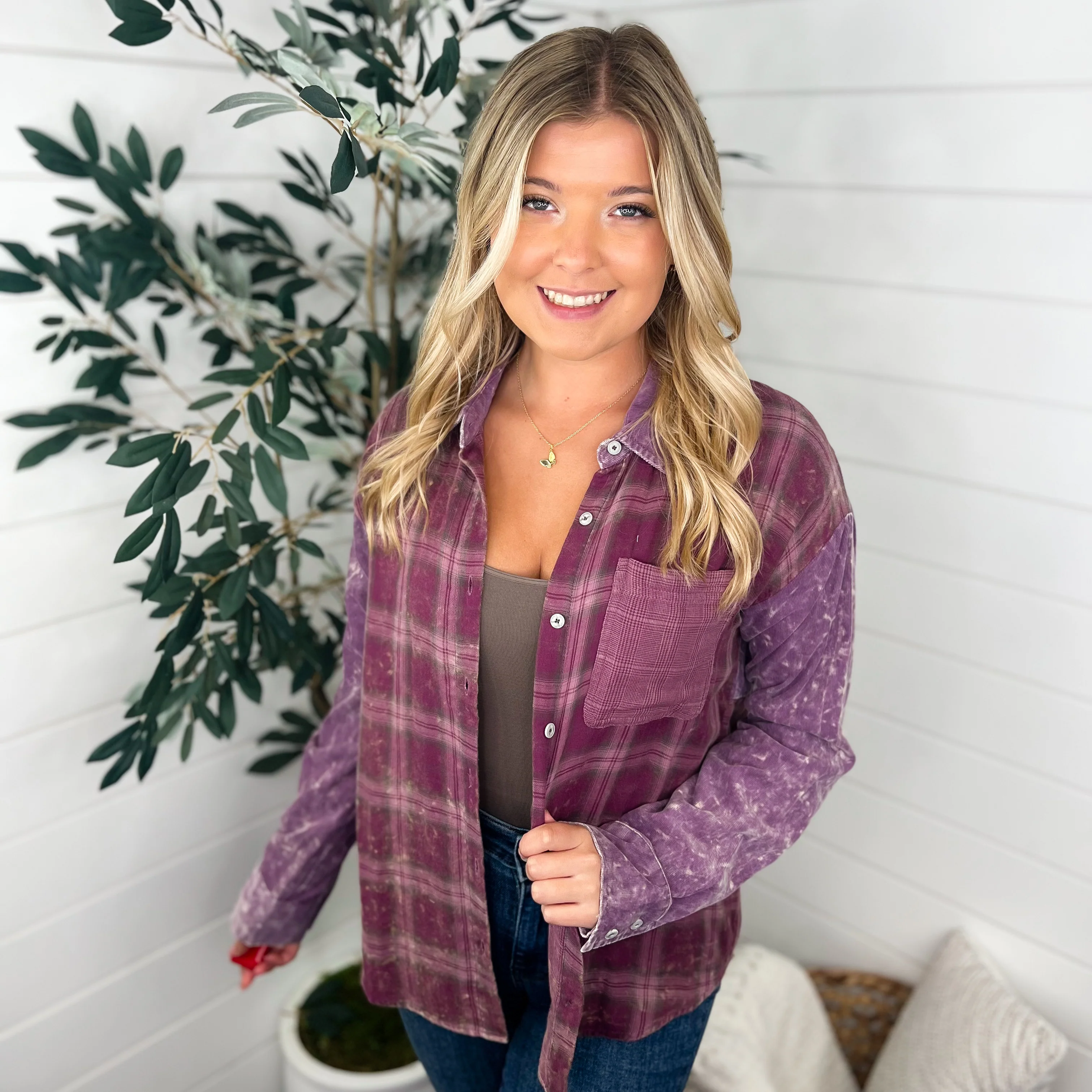 Your Year Cotton Bleached Long Sleeve Purple Avery Mae Button Up Top - Image 2