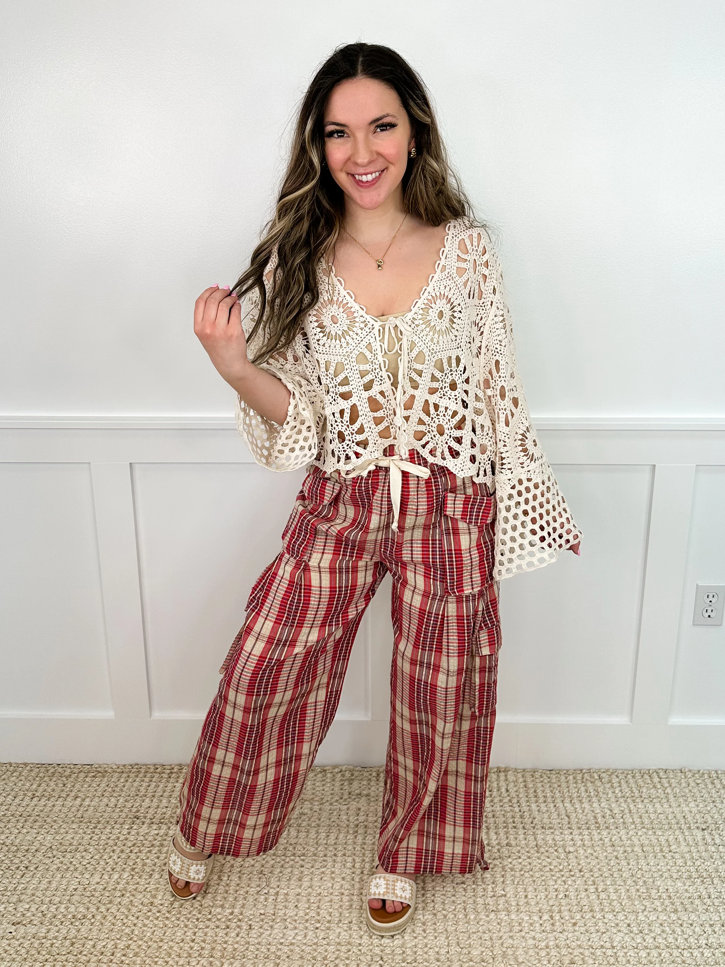 Truth Be Told High-Rise Cotton Blend Plaid Avery Mae Cargo Bottoms
