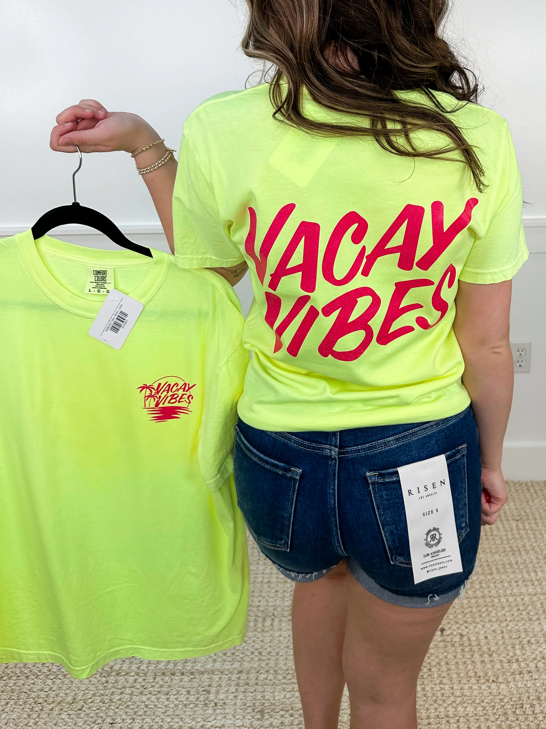 Vacay Vibes Cotton Short Sleeve Neon Yellow Avery Mae Graphic Tee Shirt - Image 3