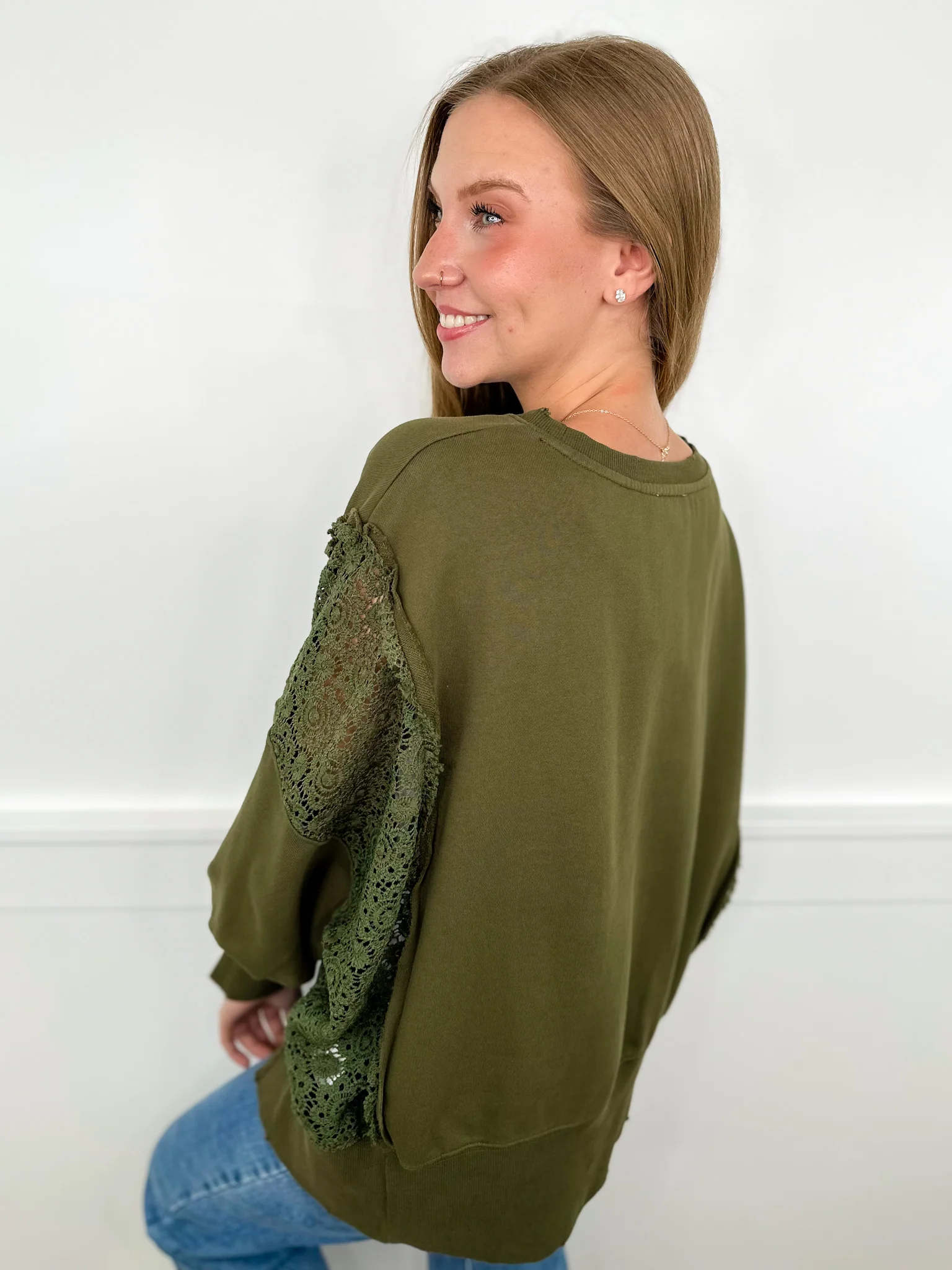 We Mean it Cotton Long Sleeve Olive Green Avery Mae Top - Image 2
