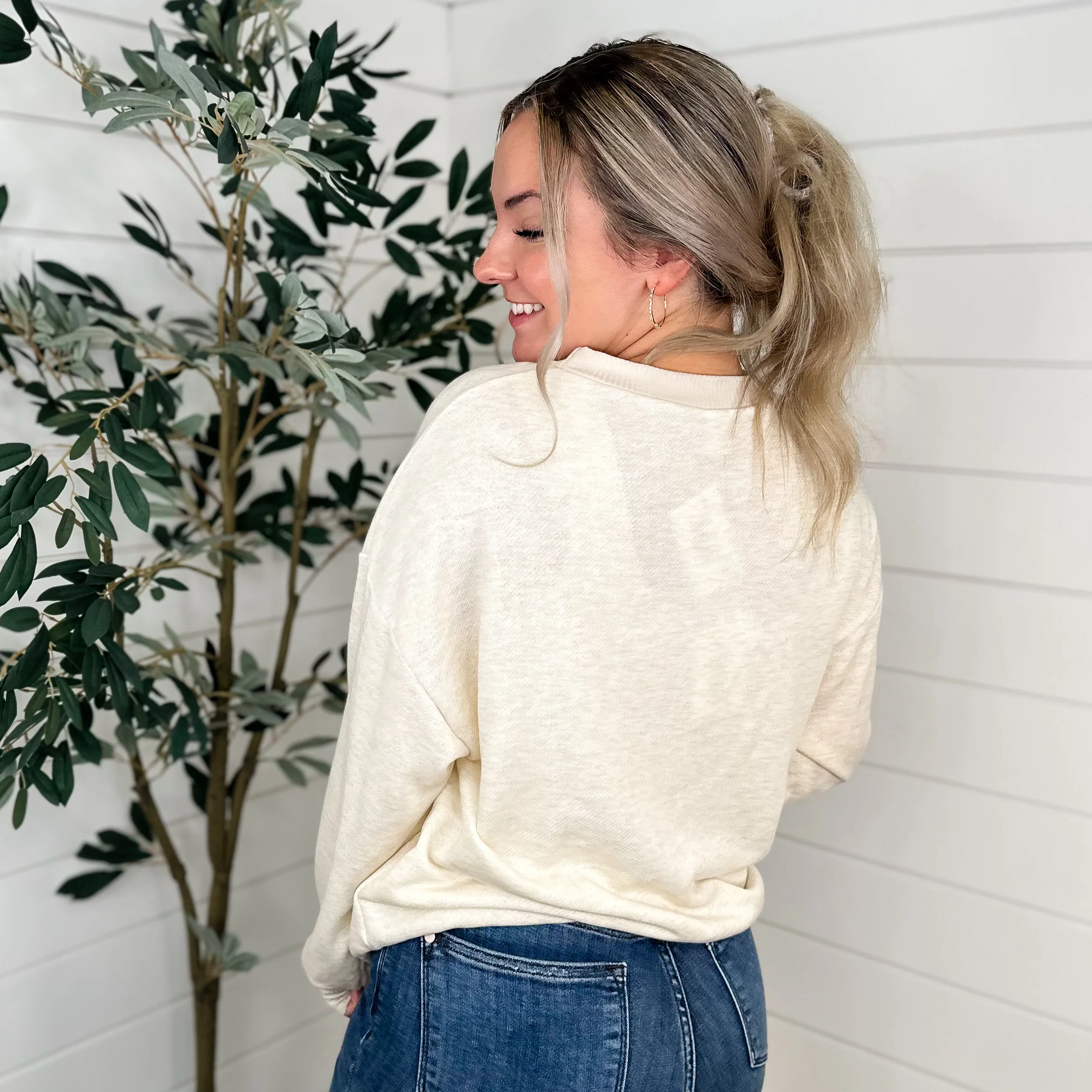 Sew In Love Making it Happen Cotton Blend Long Sleeve Cream Weekender Top - Image 2