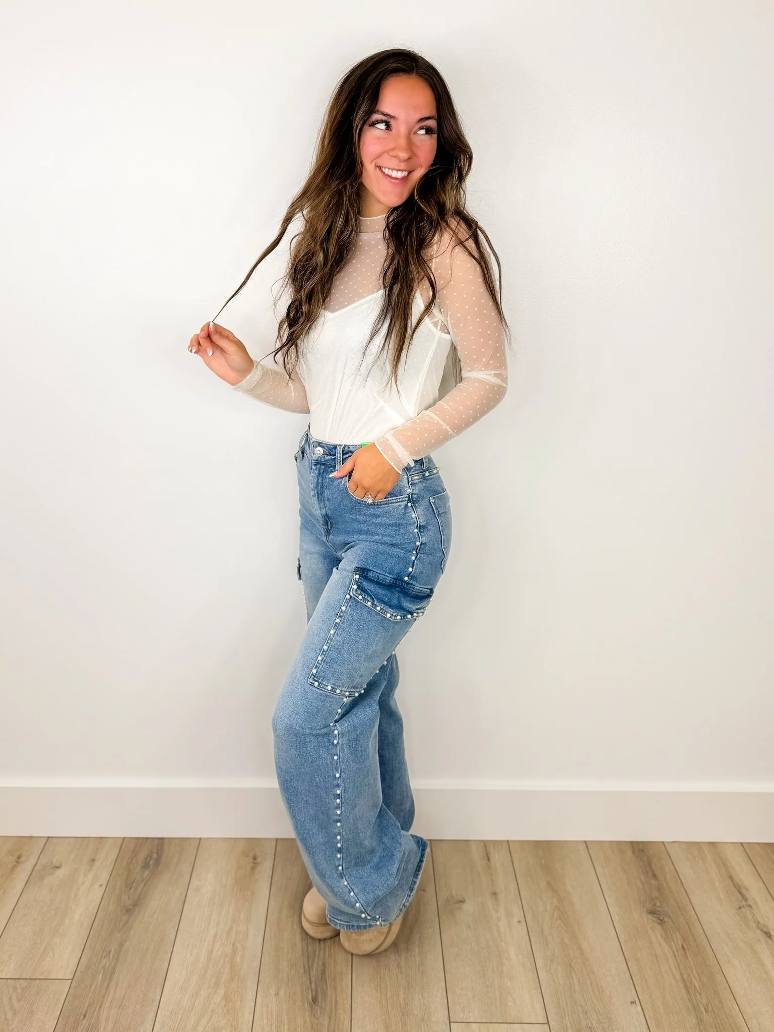 White Birch Gaining Control Sheer Mesh Long Sleeve Cream Top - Image 3