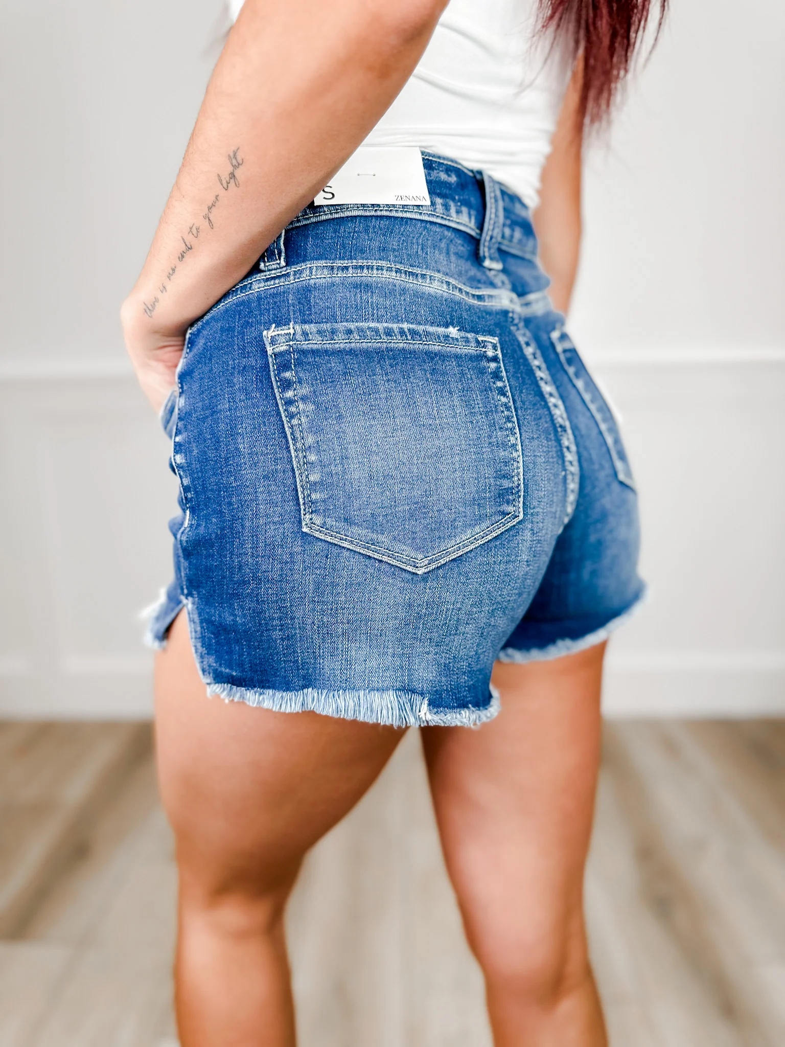 Zenana Fully Myself Distressed High-Rise Denim Shorts - Dark Wash (Fray Hem, Distressed) - Image 2